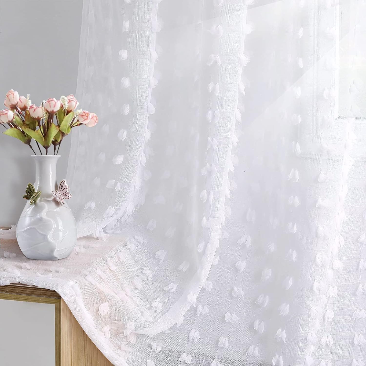 Guken Grommet Pom Pom Sheer Curtains 2 Panels 63 Inch Length