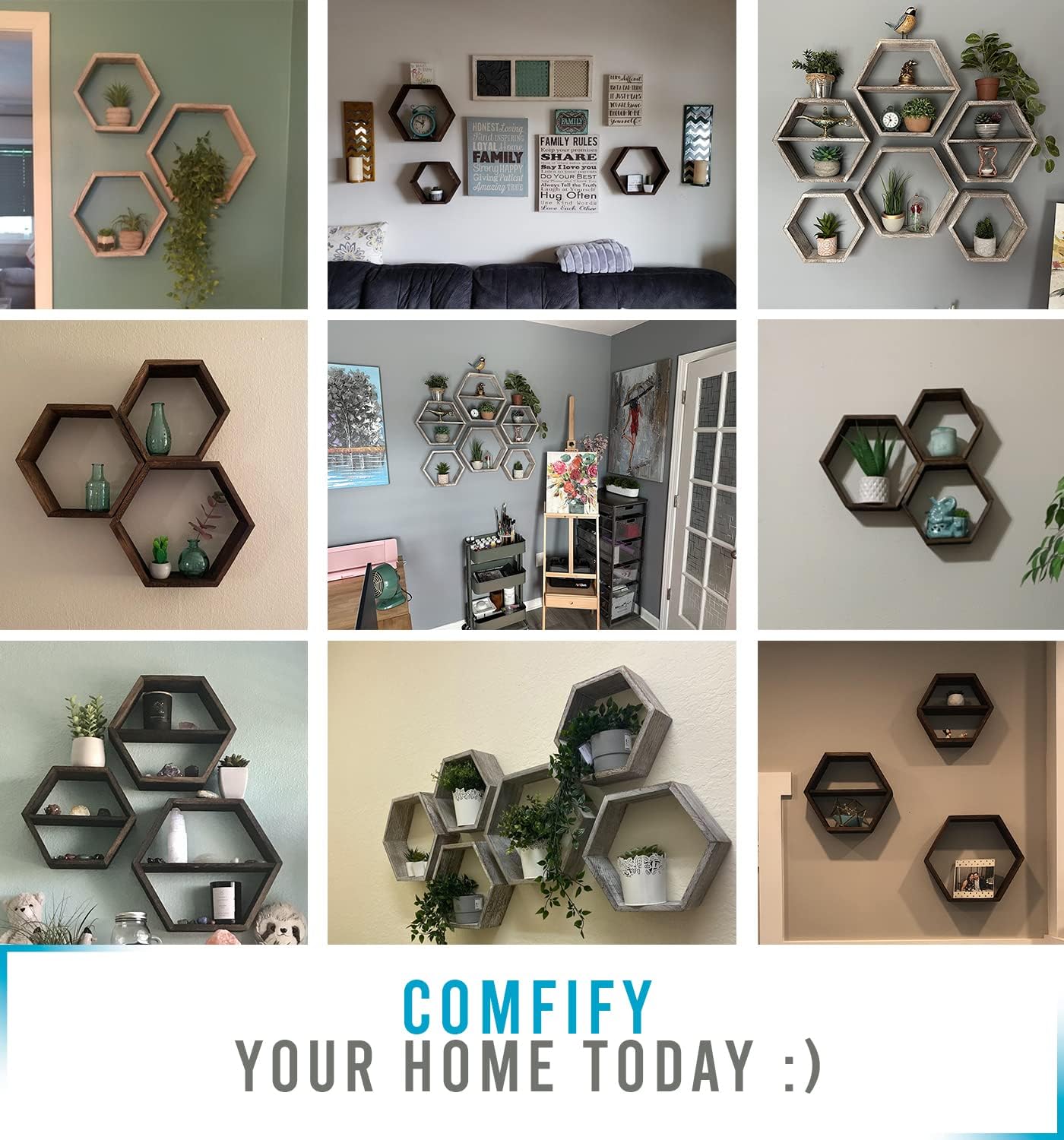 Comfify Rustic White Hexagonal Floating Shelves Set of 3