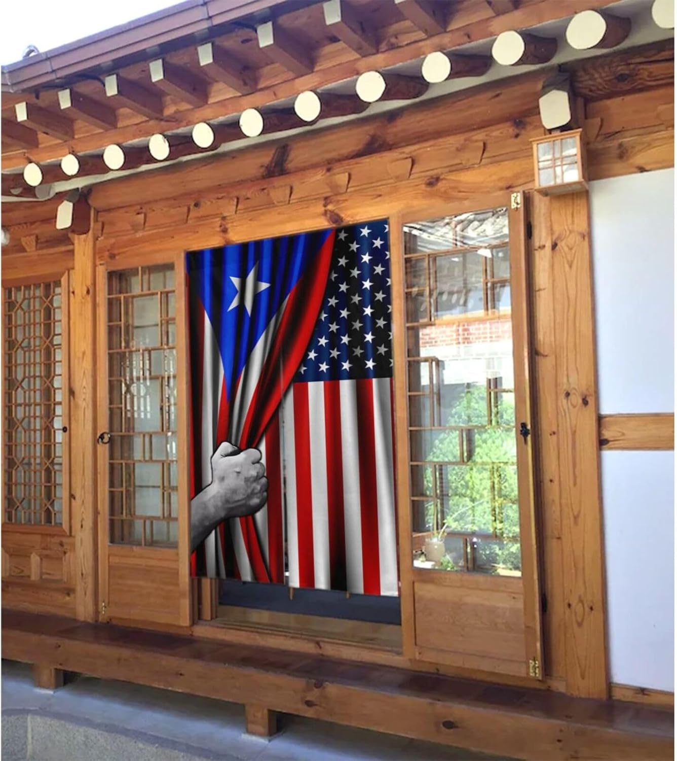 Puerto Rican and USA Flag Door Curtain 34x56 Inch