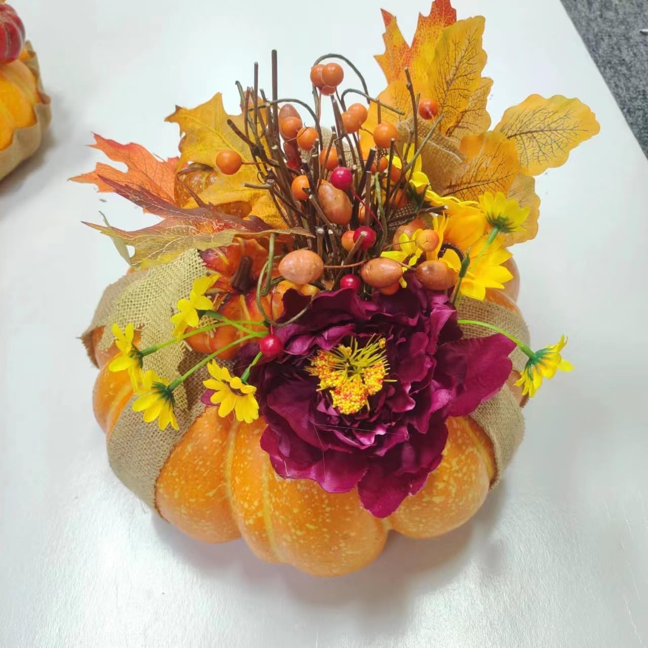 Fall Pumpkin Decor Centerpiece with Artificial Sunflowers and Autumn Leaves