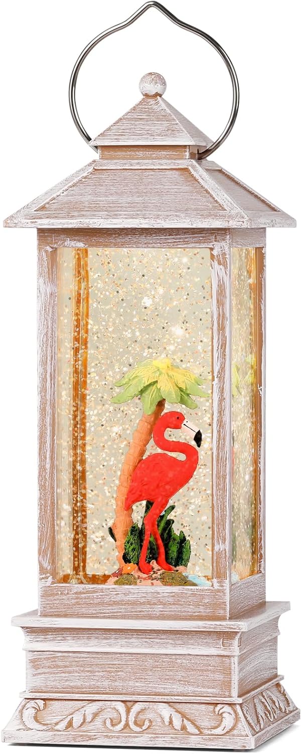 Pink Flamingo Snow Globe Lantern with Timer
