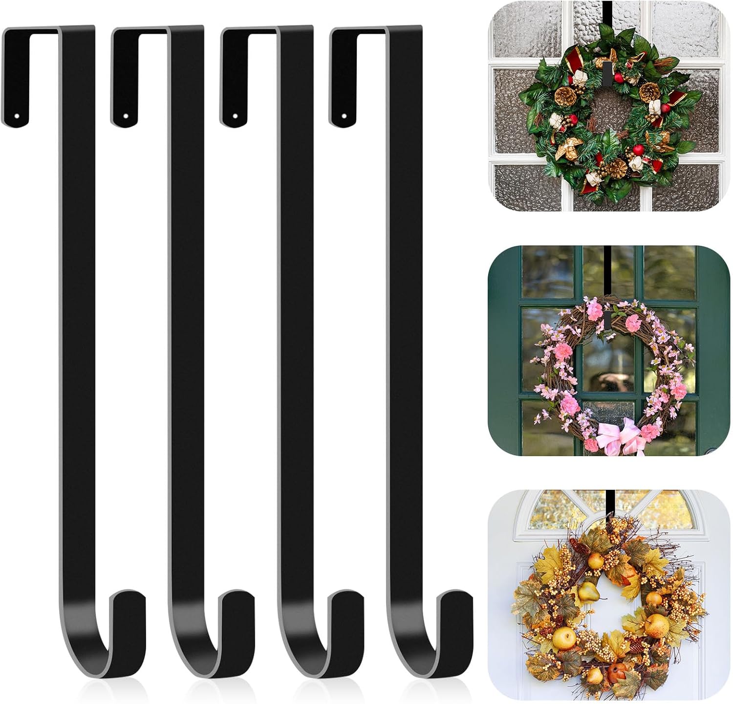 4 Pack Wreath Hanger for Front Door - Metal Hook Black