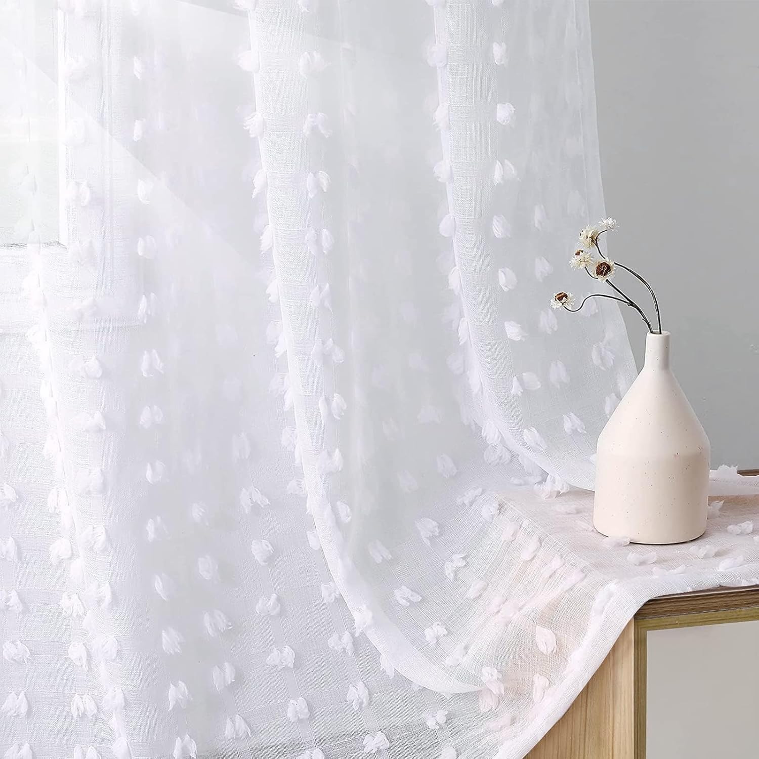 Guken White Pom Pom Curtains 63 Inches Long for Kids Bedroom