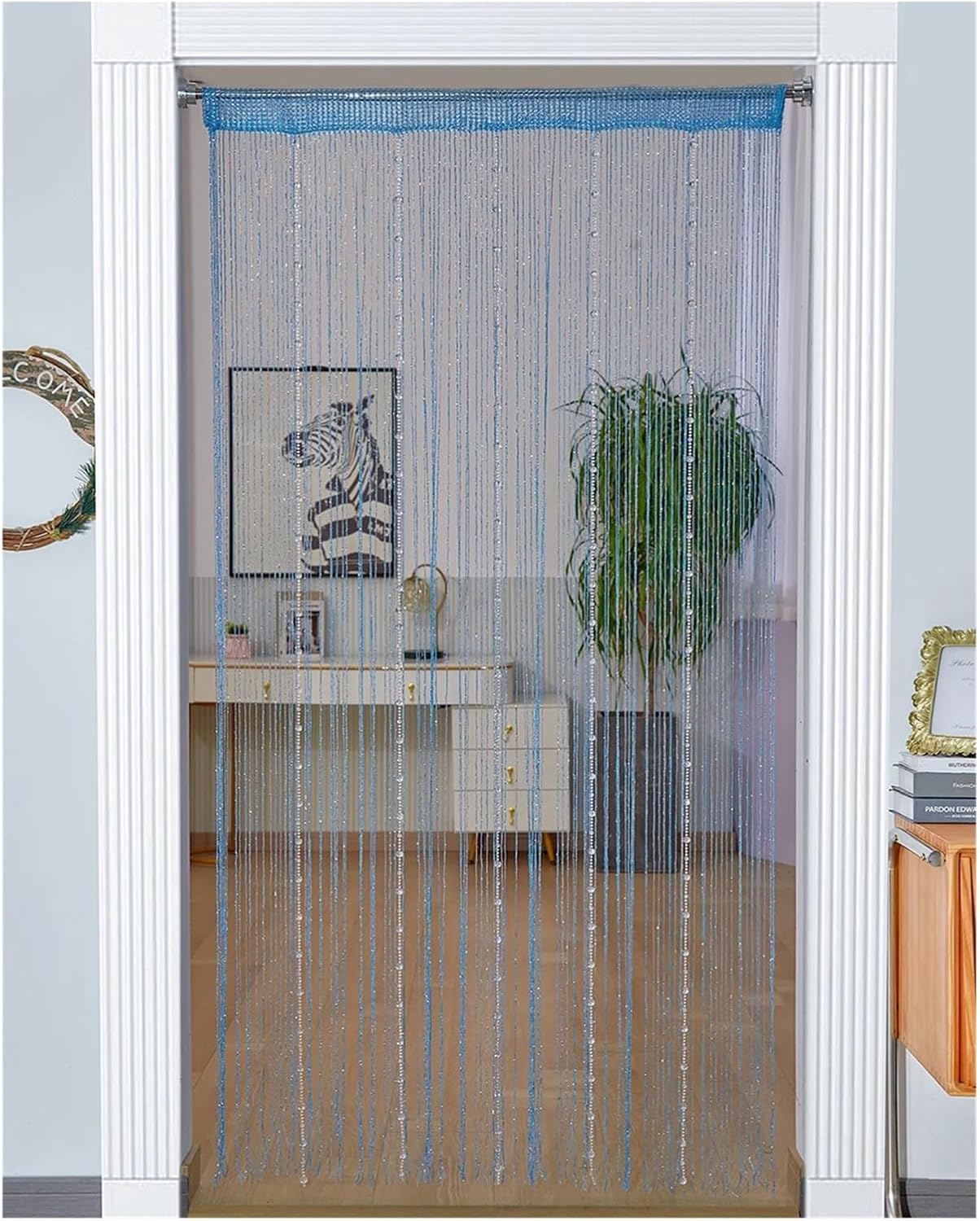 Beaded Door Curtain with Crystal Beads and Tassel Blue