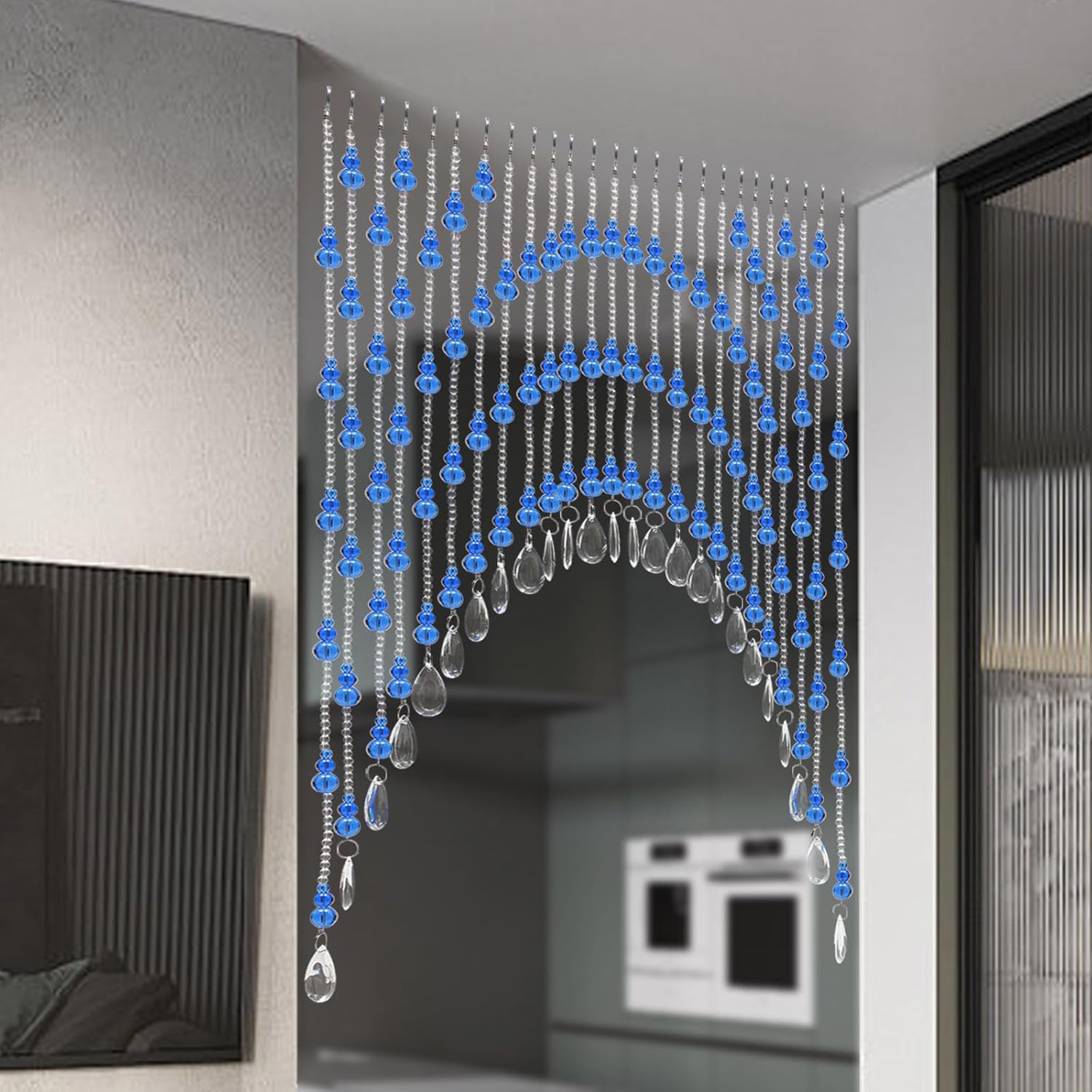 Blue Clear Arched Glass Beaded Curtain for Doorway and Windows