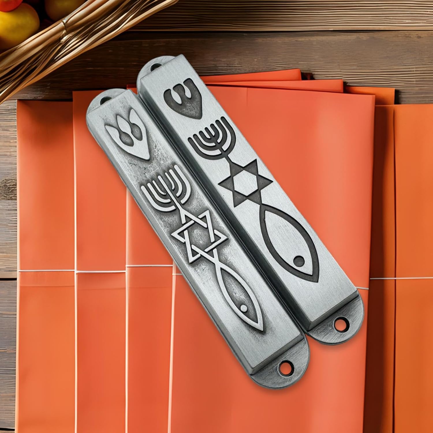 Modern Door Mezuzah Set in Stainless Steel Silver 88mm