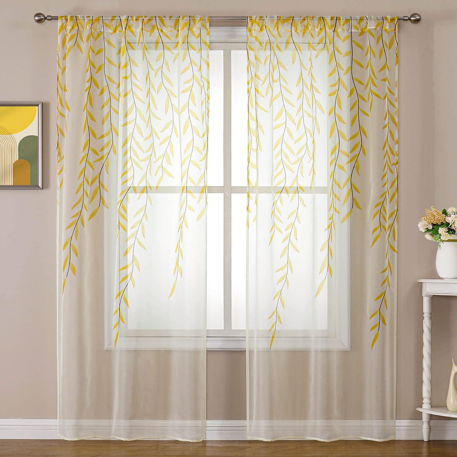 BROSHAN Yellow Sheer Curtains 2 Panels Voile