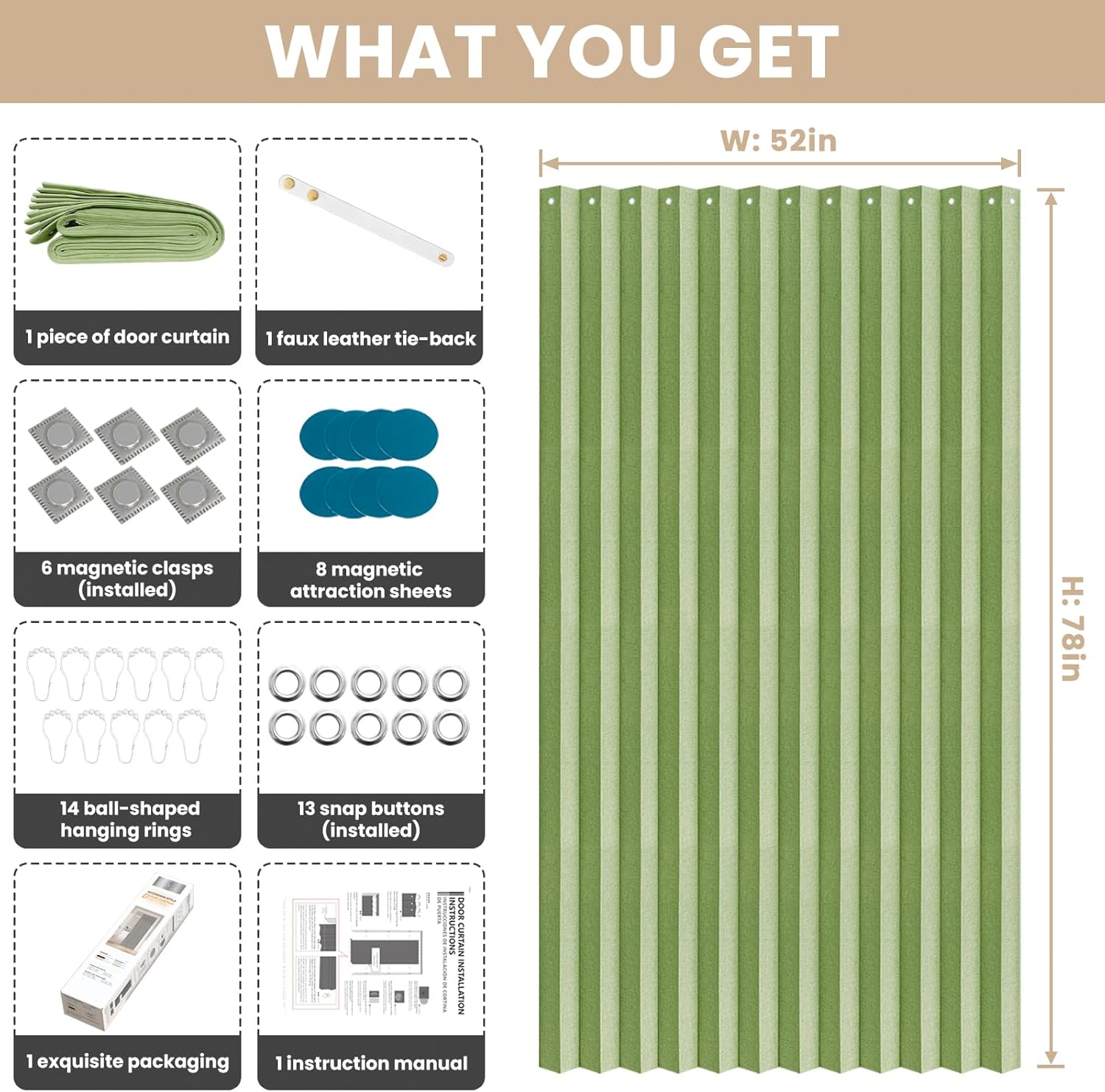 Jilron Blackout Door Curtain Linen Style 1 Panel W52 x L78 Green