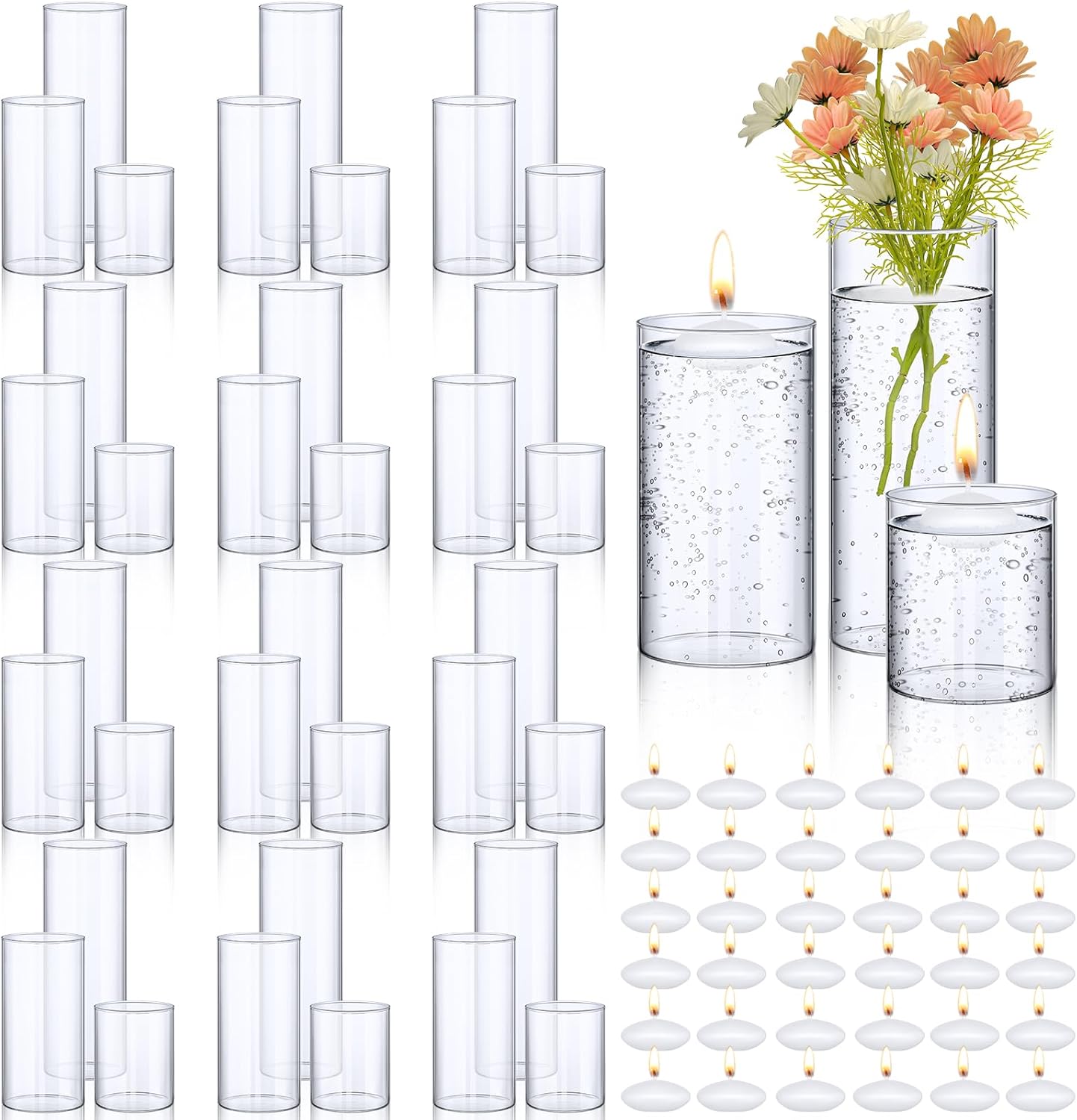 Yungyan 36 Pcs Clear Glass Cylinder Vases with Floating Candles Set