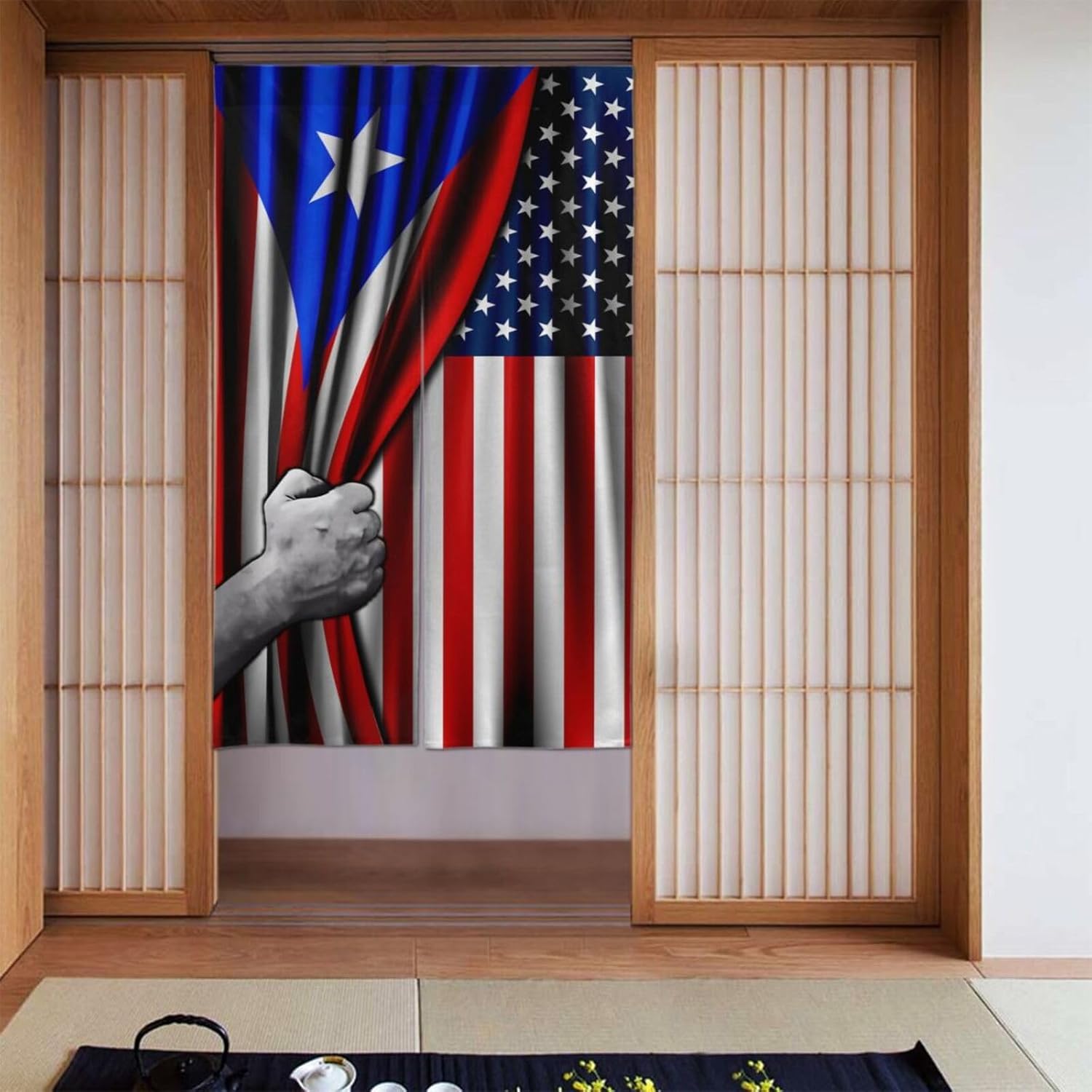Puerto Rican and USA Flag Door Curtain 34x56 Inch