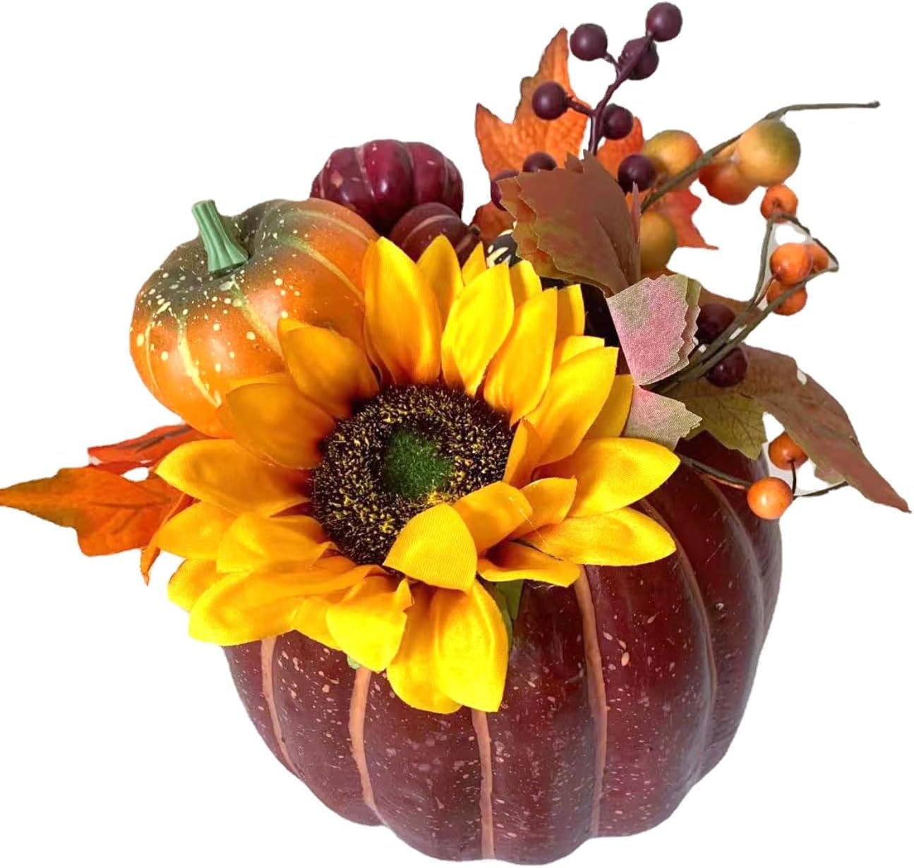 Fall Pumpkin Decor Centerpiece with Artificial Sunflowers and Autumn Leaves