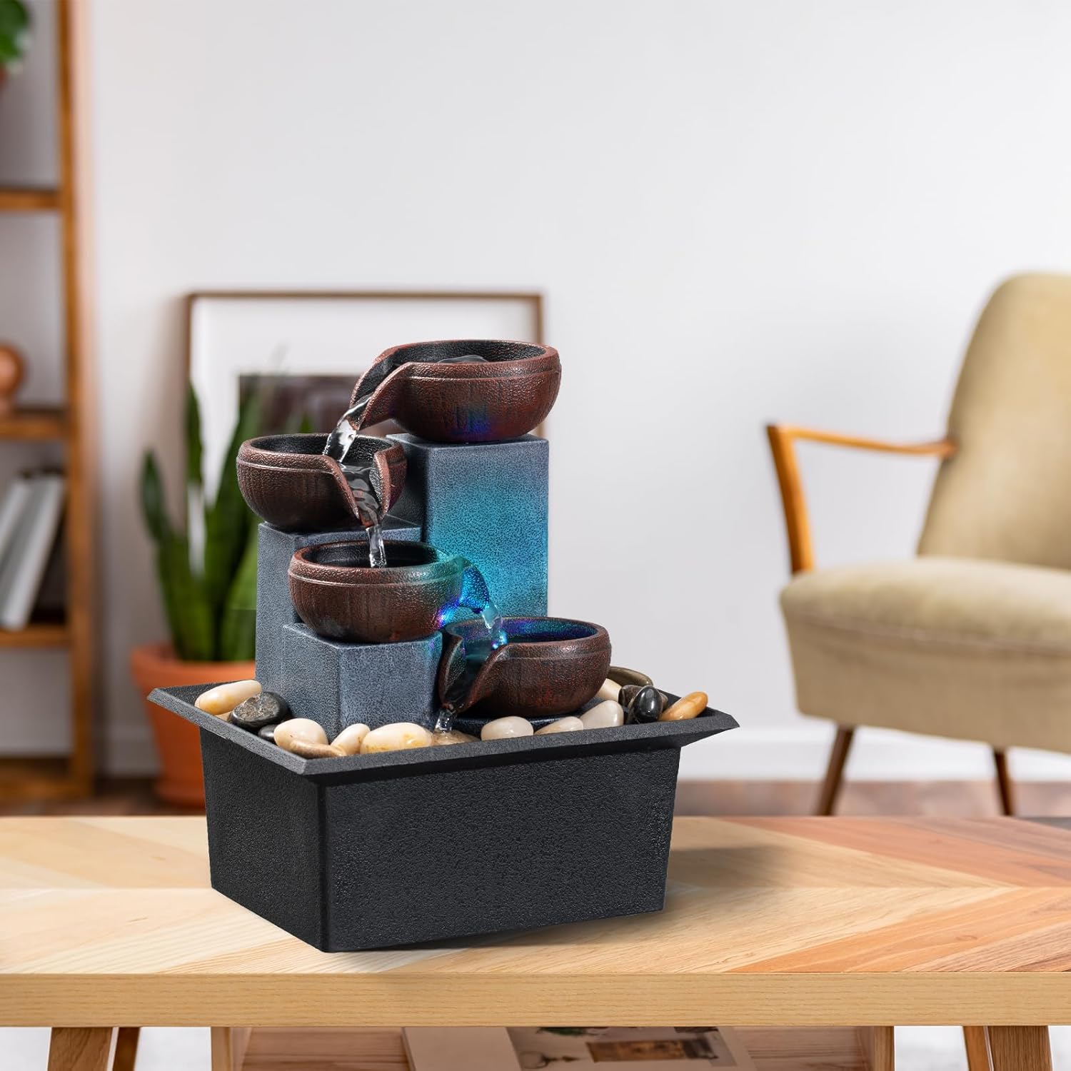 AMOOTEK Tabletop Fountain with LED Lights and Rocks