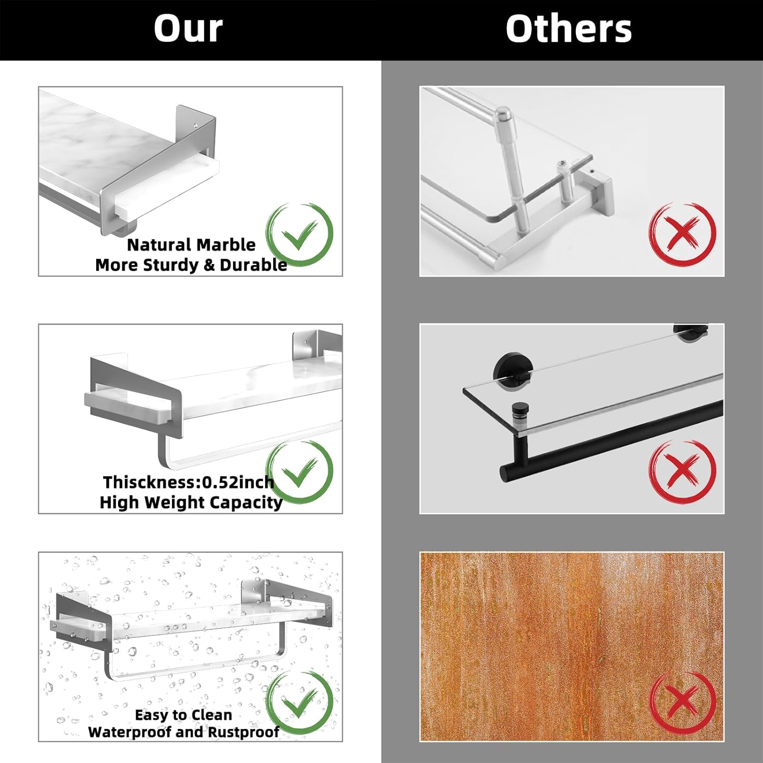 Marble Bathroom Wall Shelf with Towel Bar Silver