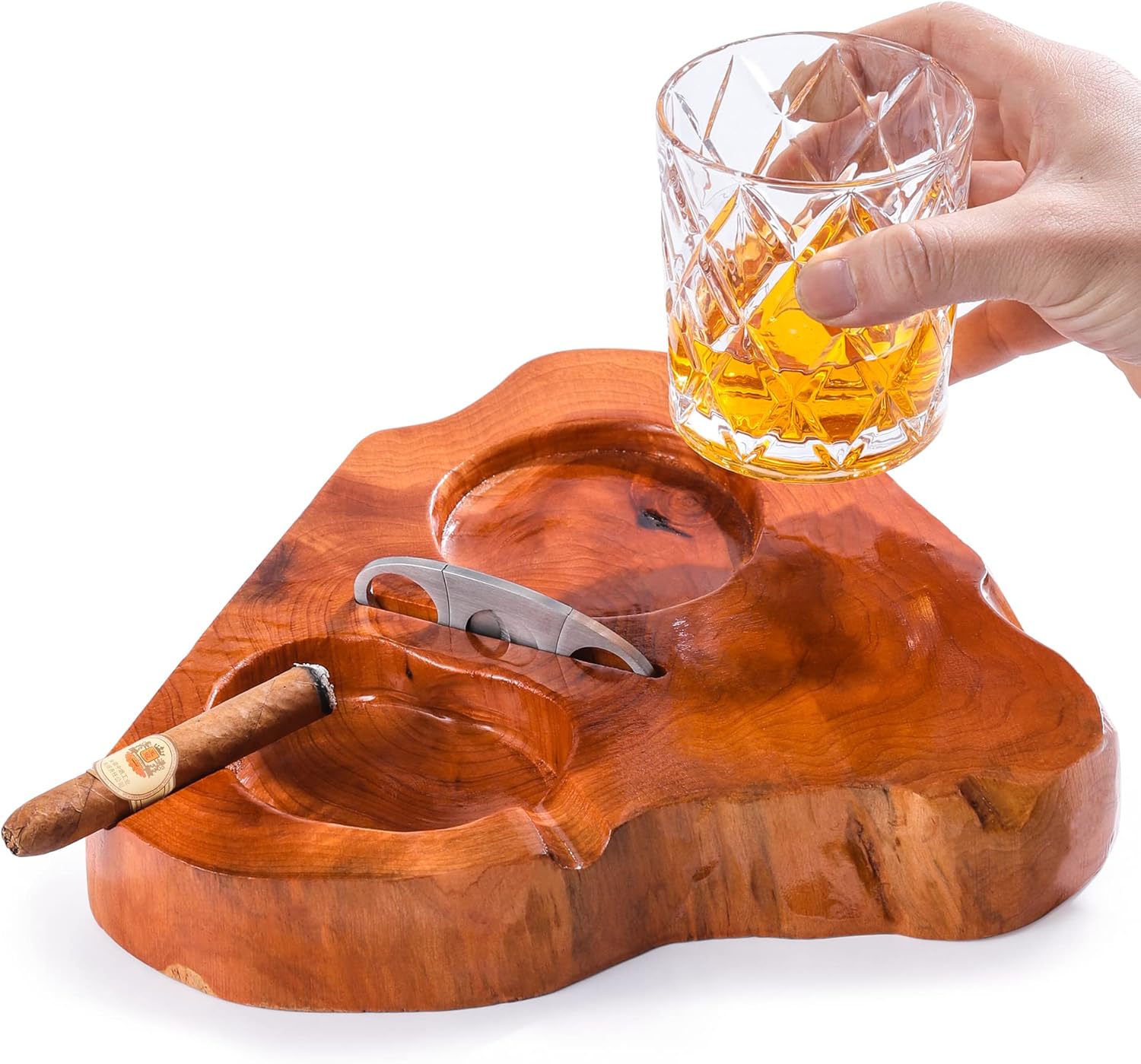 Wooden Cigar Ashtray with Whiskey Glass and Cutter Holder Large
