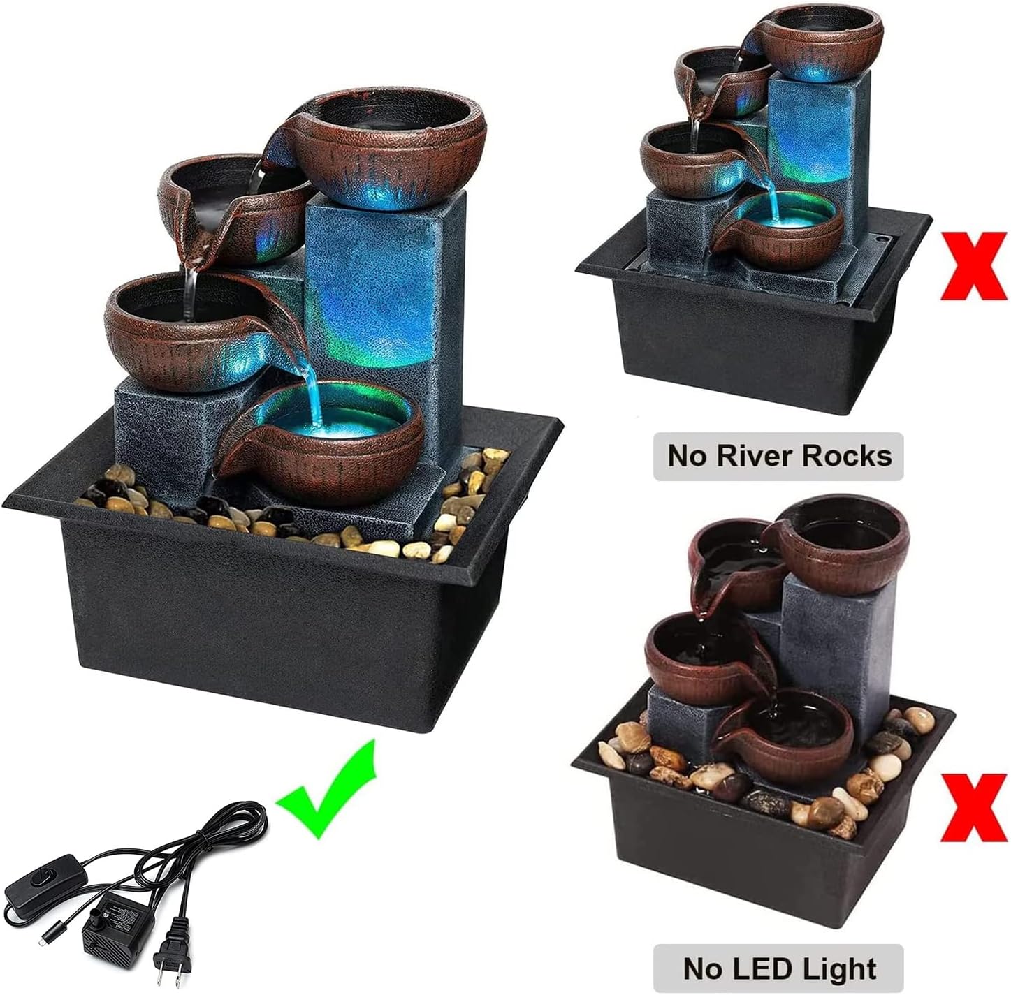 Small Indoor Relaxation Tabletop Fountain with LED Light and Natural Rocks