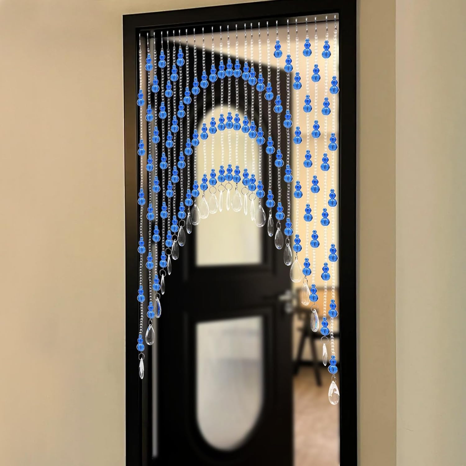 25 Strings Beaded Door Curtain with Hanging Rings and Arched Beads Blue