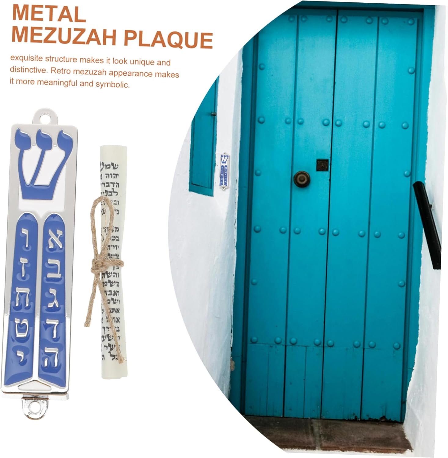 Jewish Mezuzah Door Blessing Scroll with Blue Enamel Design