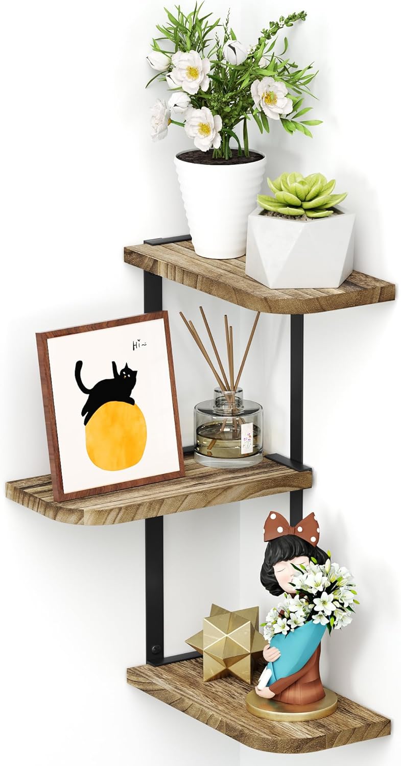 Love-KANKEI 3 Tier Rustic Wood Floating Corner Shelf