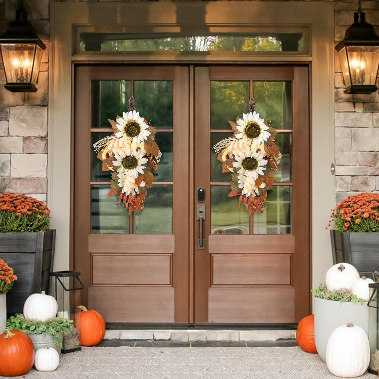 IPOPU 2PCS Fall Teardrop Wreath for Front Door