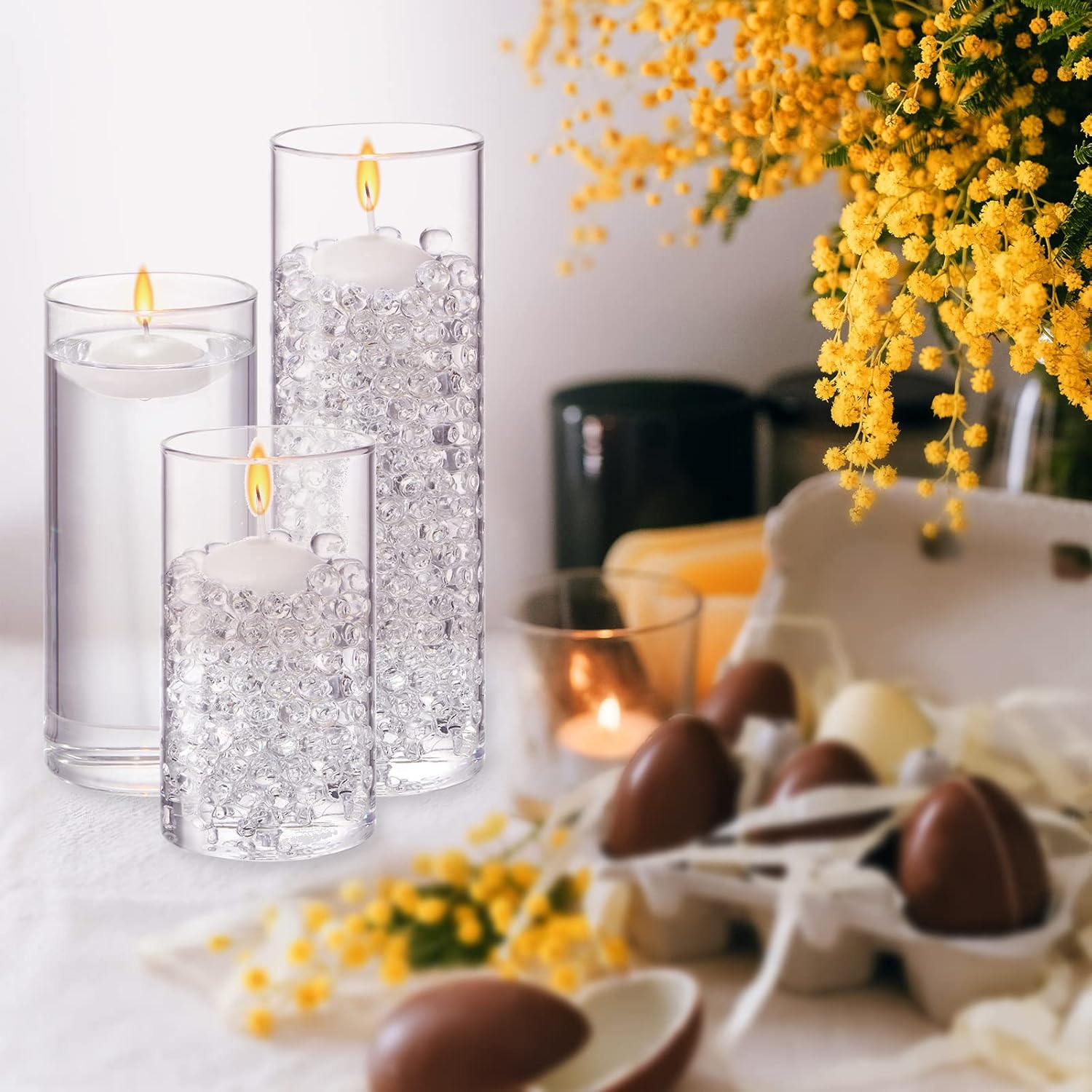 Sawysine 12 Pcs Glass Cylinder Vase with Floating Candles and Water Gel Beads