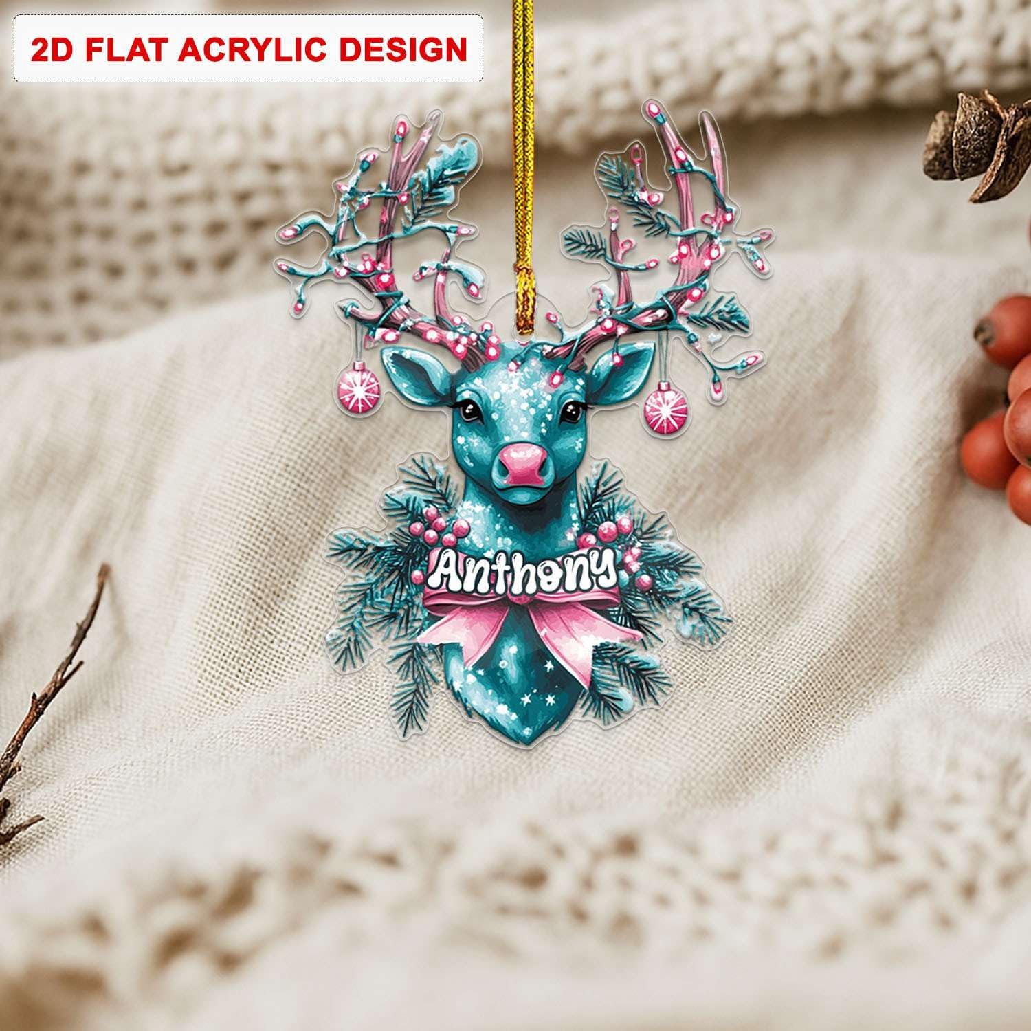 Custom Name Reindeer Hanging Christmas Ornament