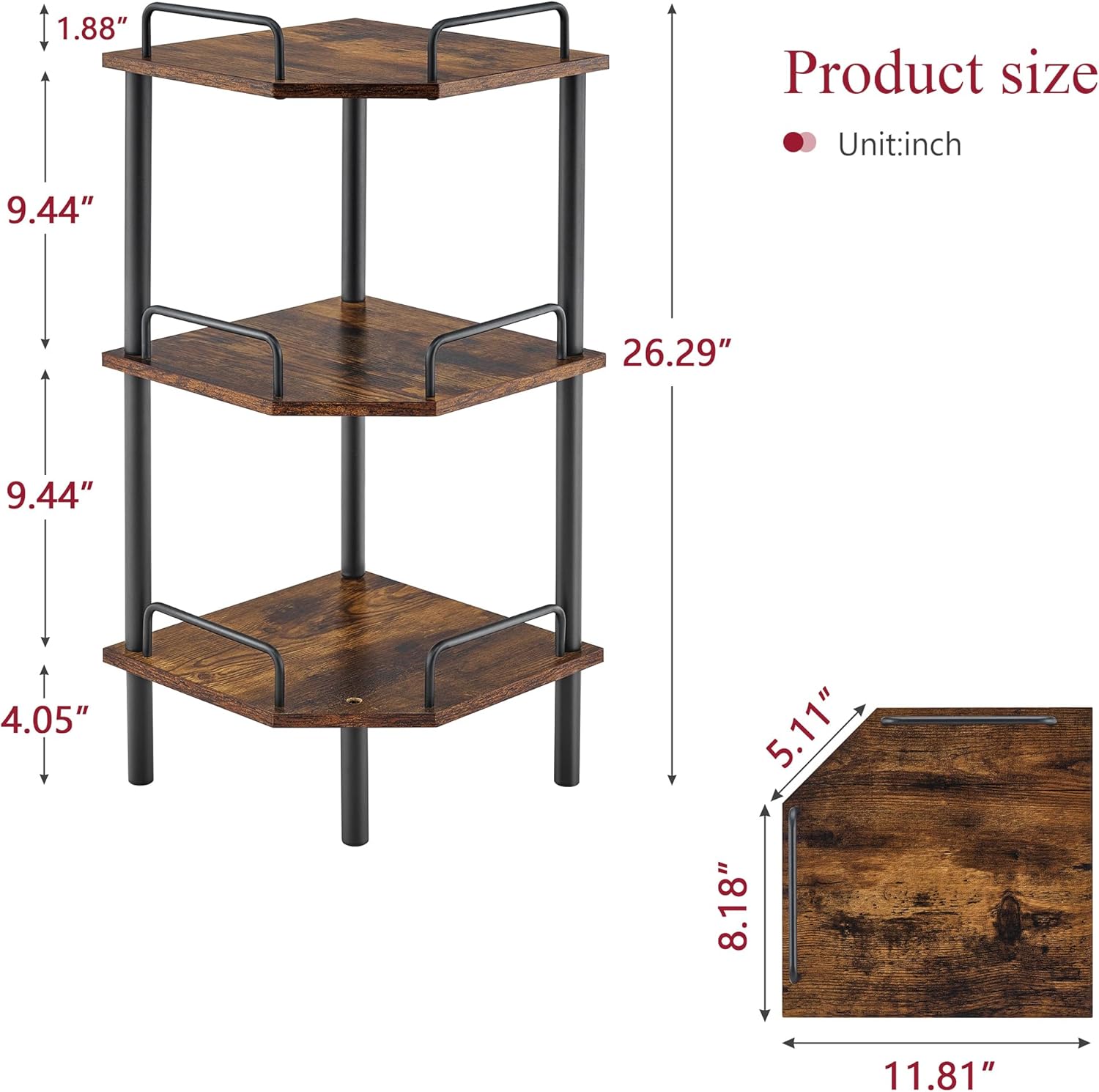 Tajsoon Corner Shelf Stand 3 Tier Rustic Brown