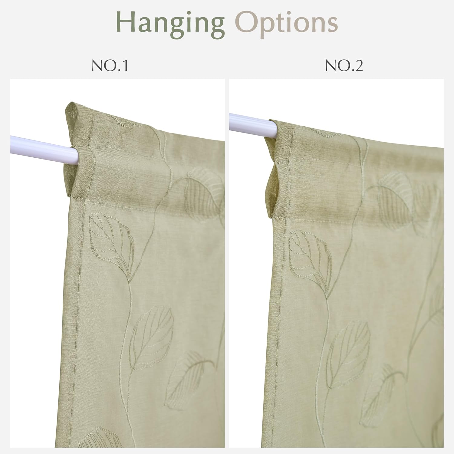 Jinchan Sage Green French Door Curtain with Leaf Embroidery