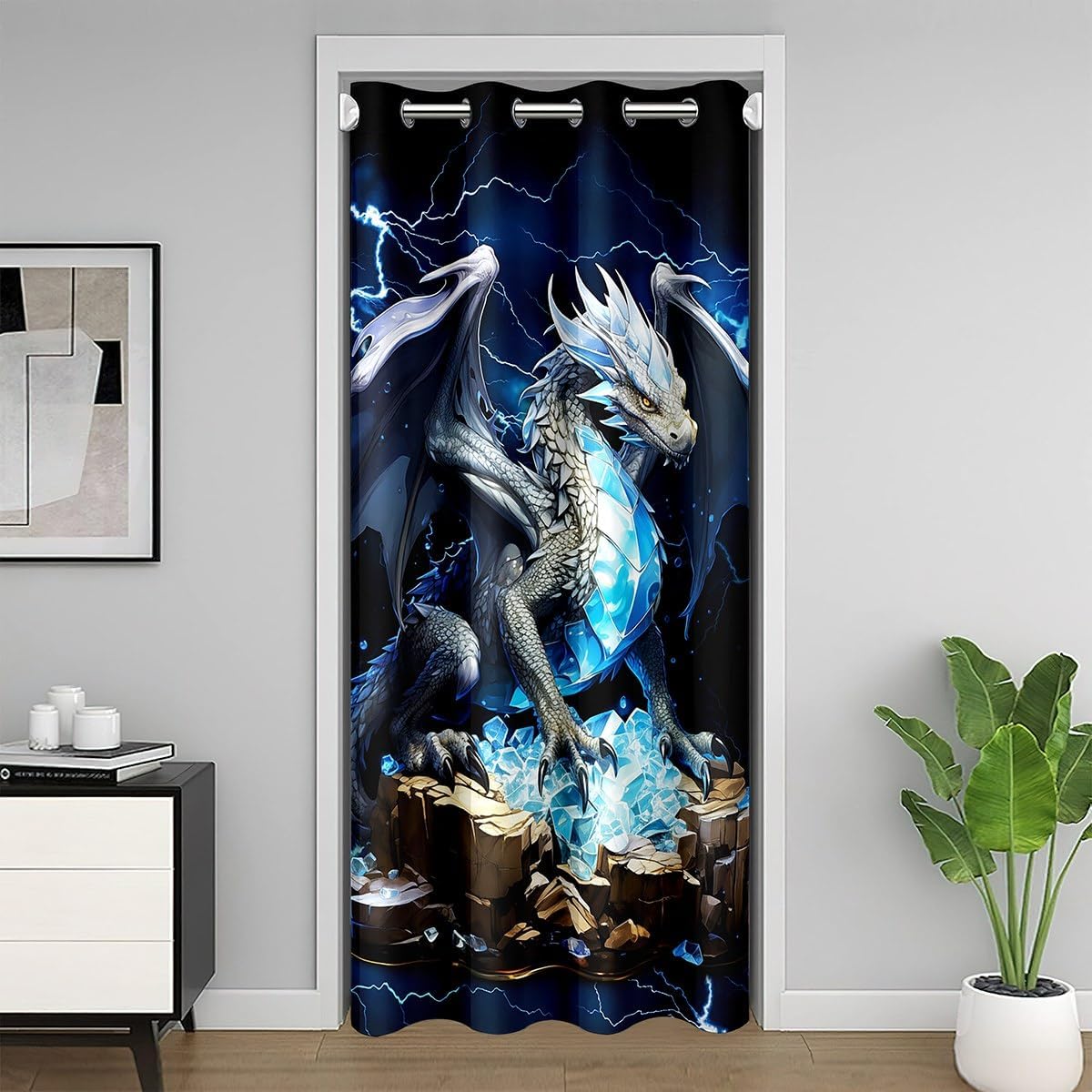 3D Western Dragon Door Curtain 34 x 80 Blue Shiny
