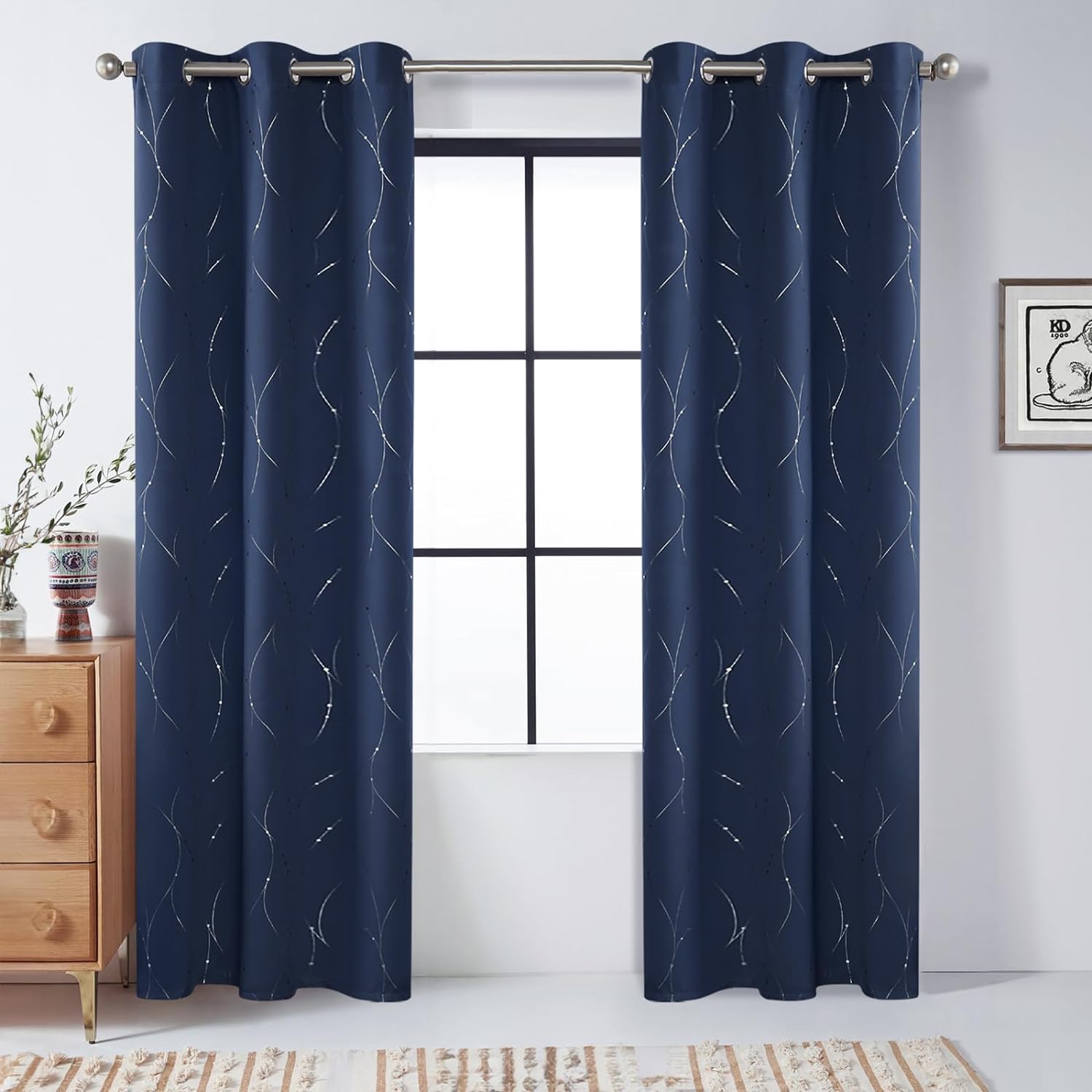 BUHUA Blackout Curtains with Floral Pattern Navy 72 Inch Length 2 Panels