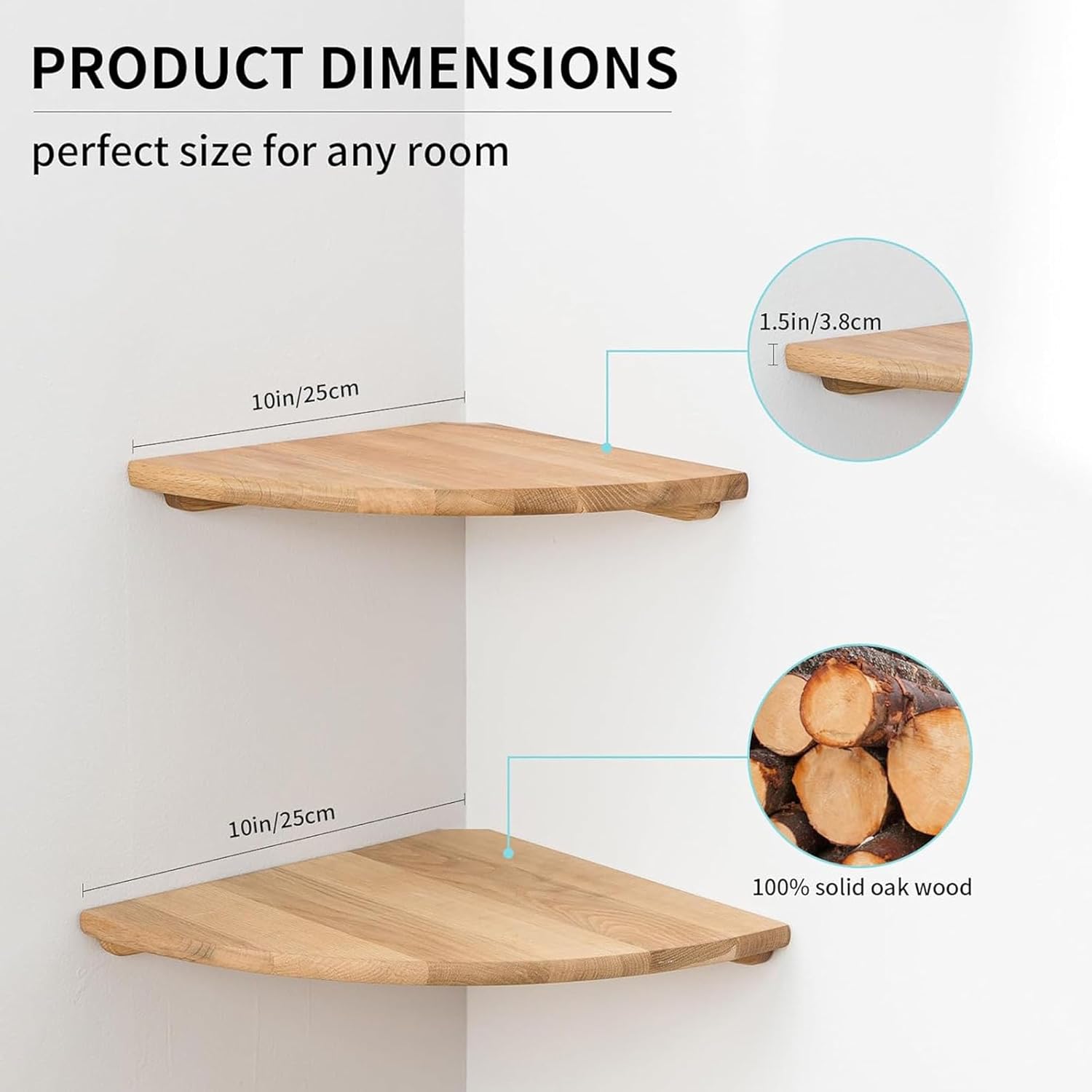Set of 2 Floating Corner Shelves in Solid Oak Wood