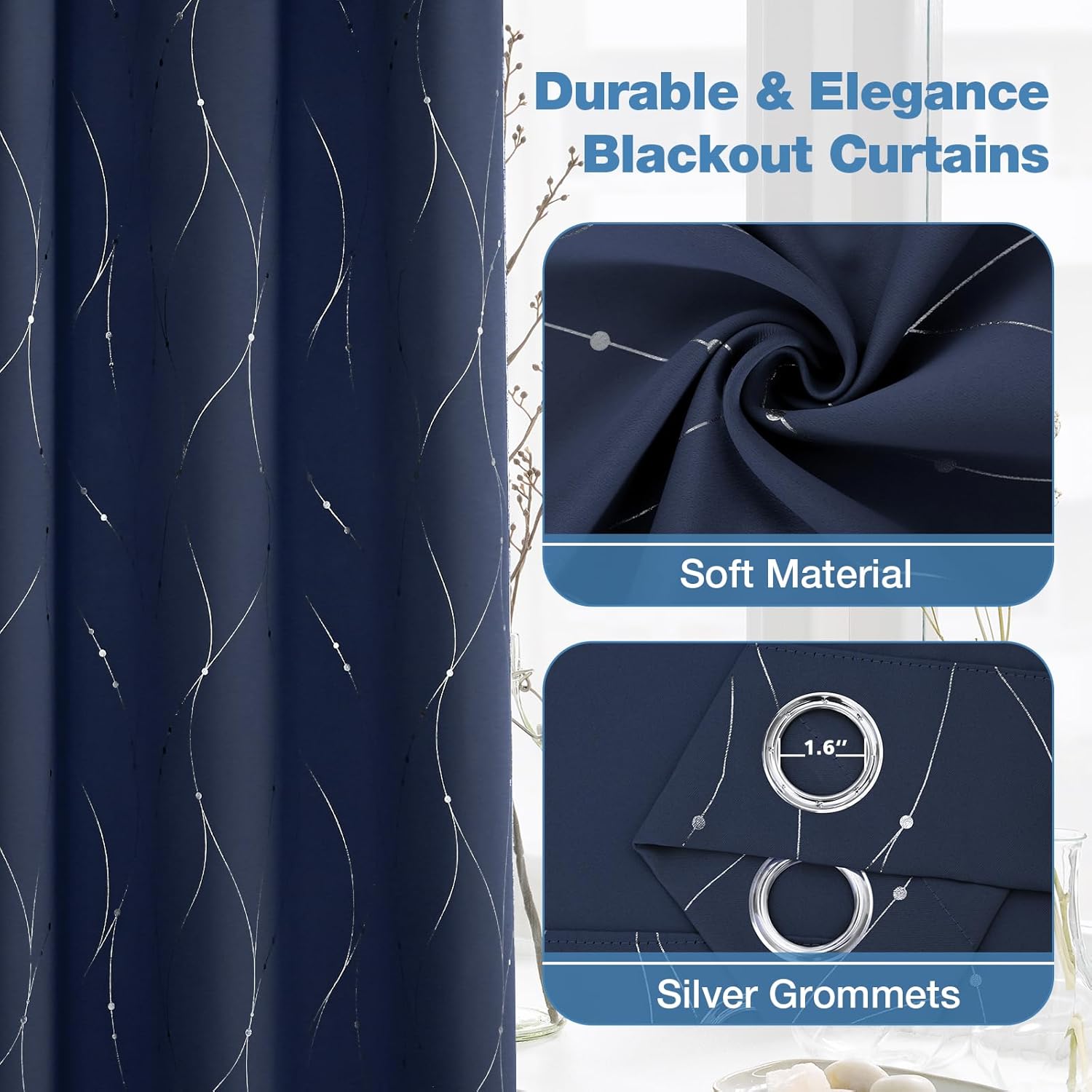 BUHUA Blackout Curtains with Floral Pattern Navy 72 Inch Length 2 Panels