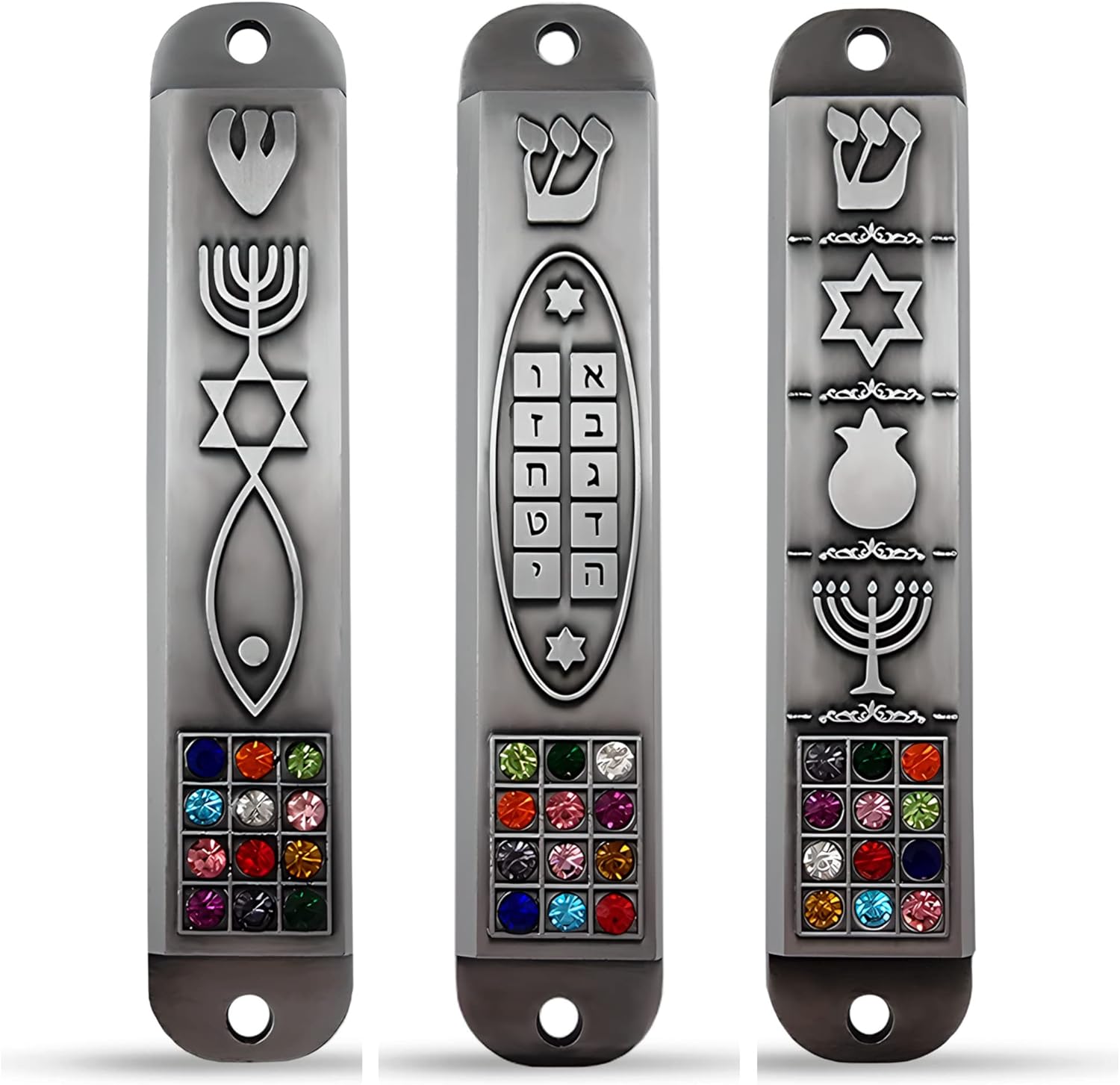 Set of 3 Pewter Mezuzah Cases with Scroll for Door Frame