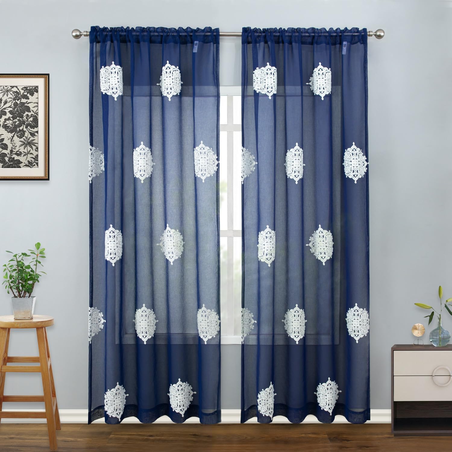 VOGOL White Flower Embroidered Sheer Curtains 2 Panels