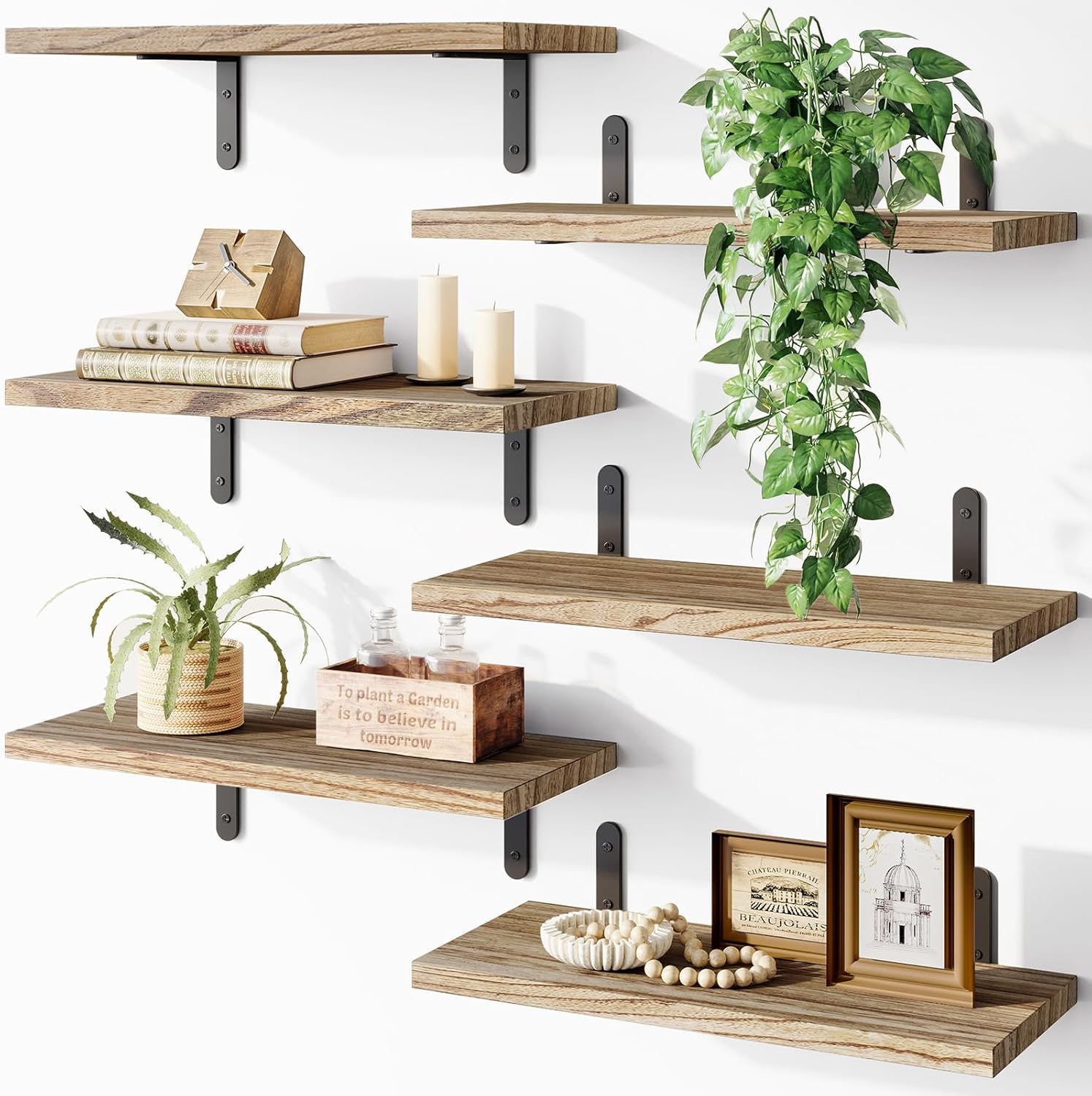 Fixwal Wood Floating Shelves Set of 6 Rustic Brown Wall Mount