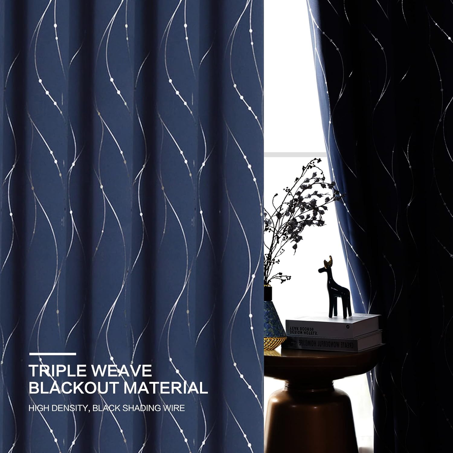 BUHUA Blackout Curtains with Floral Pattern Navy 72 Inch Length 2 Panels