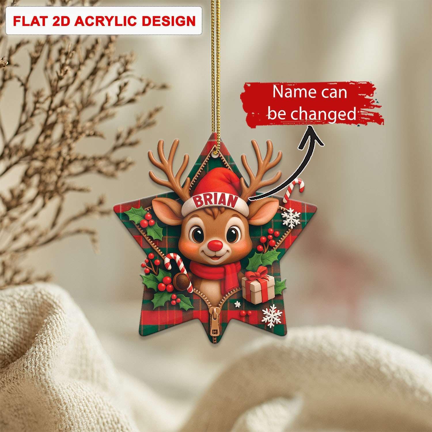 Personalized Reindeer Hanging Ornament Star Shape Acrylic Keepsake for Christmas