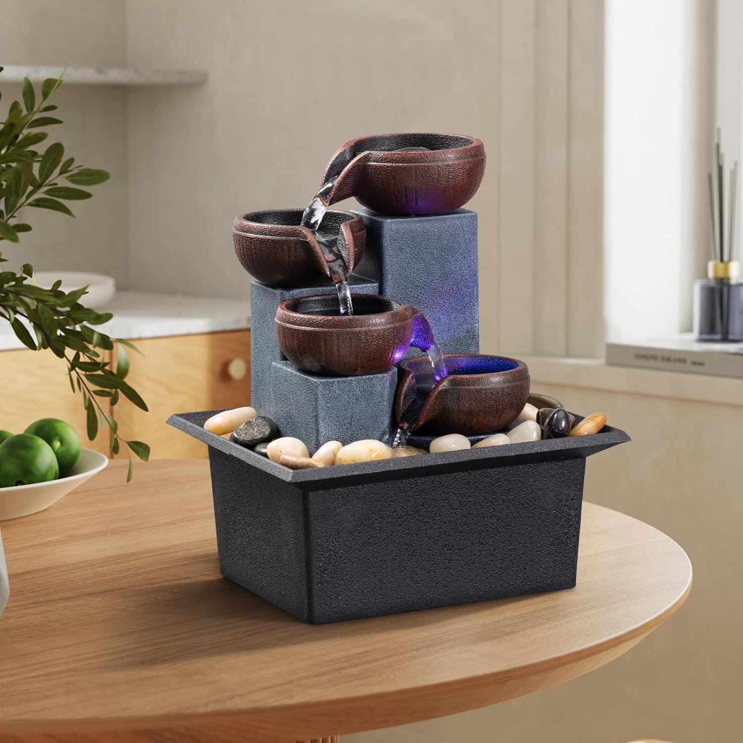 AMOOTEK Tabletop Fountain with LED Lights and Rocks