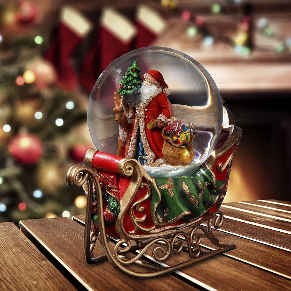 Santa with Reindeer and Sleigh Water Globe Music Box