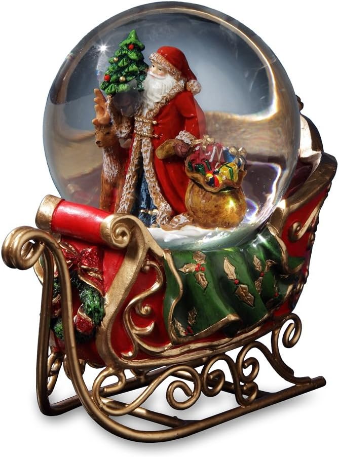Santa with Reindeer and Sleigh Water Globe Music Box