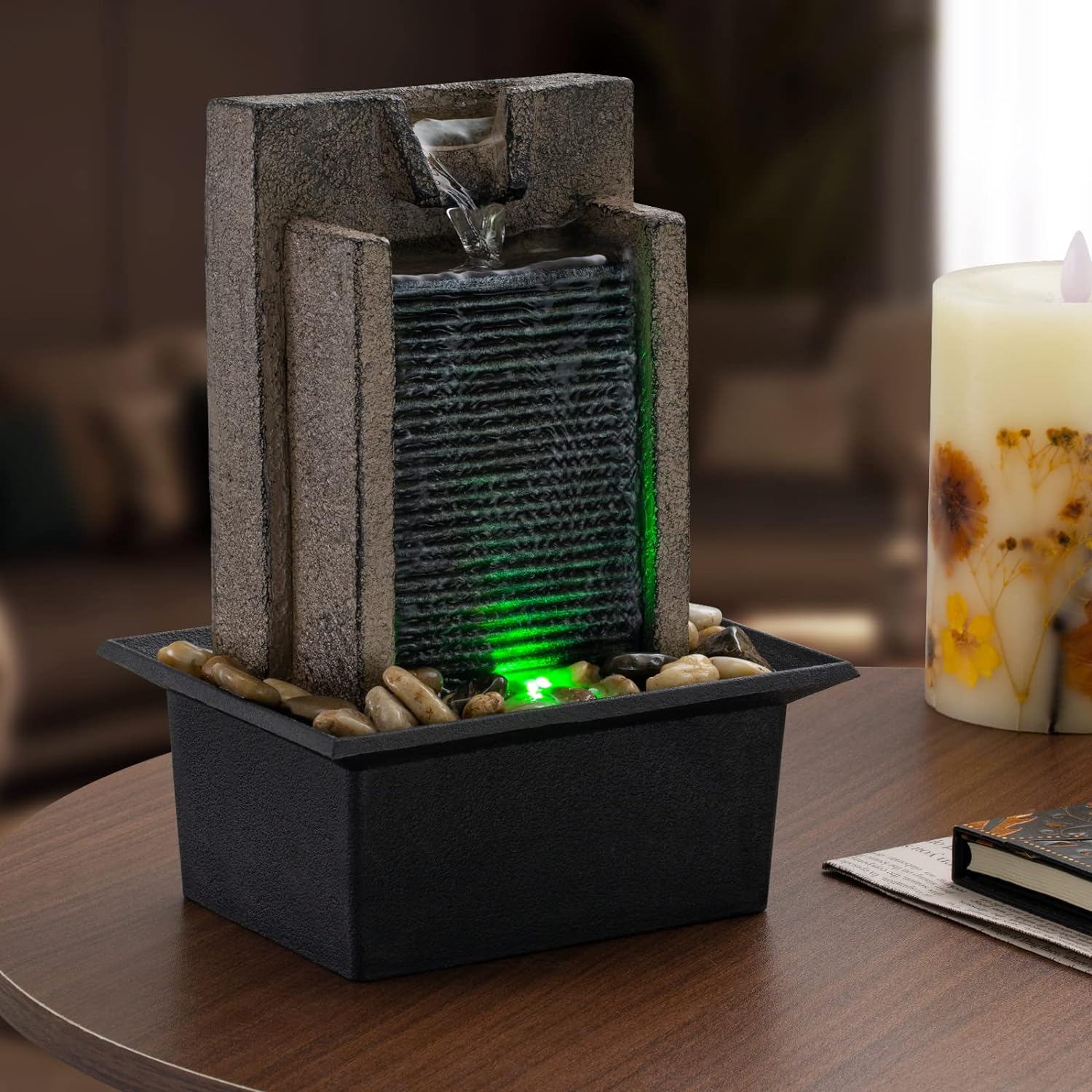 Tabletop Fountain with LED Lights and River Rocks