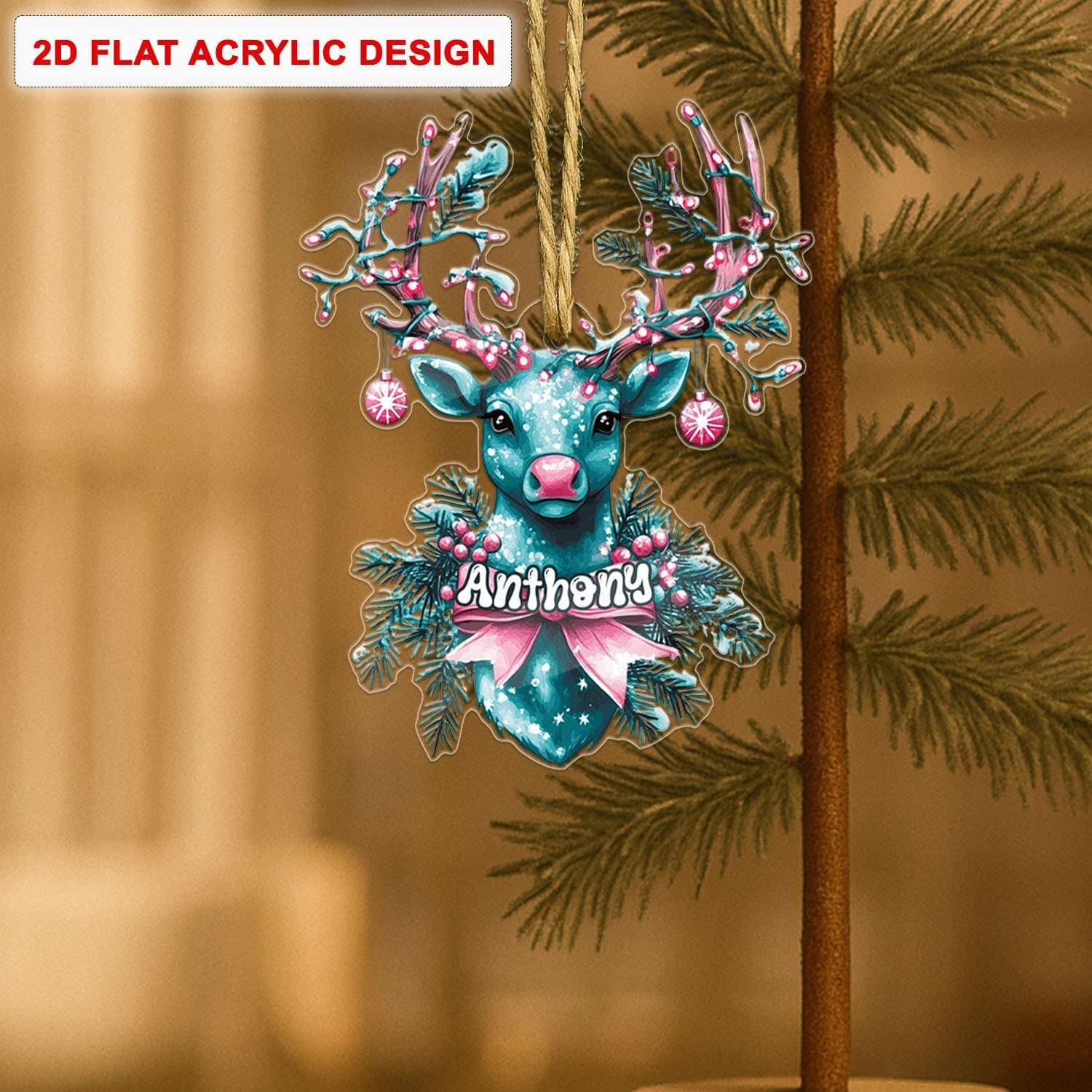 Custom Name Reindeer Hanging Christmas Ornament