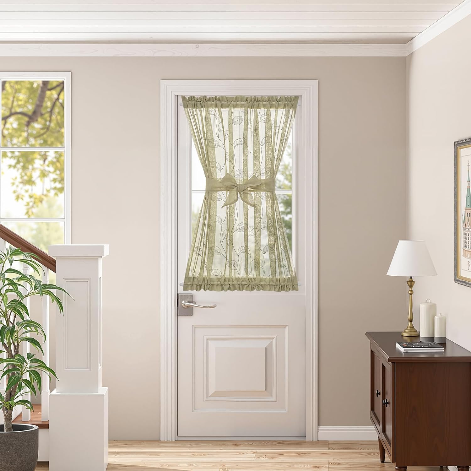 Jinchan Sage Green French Door Curtain with Leaf Embroidery