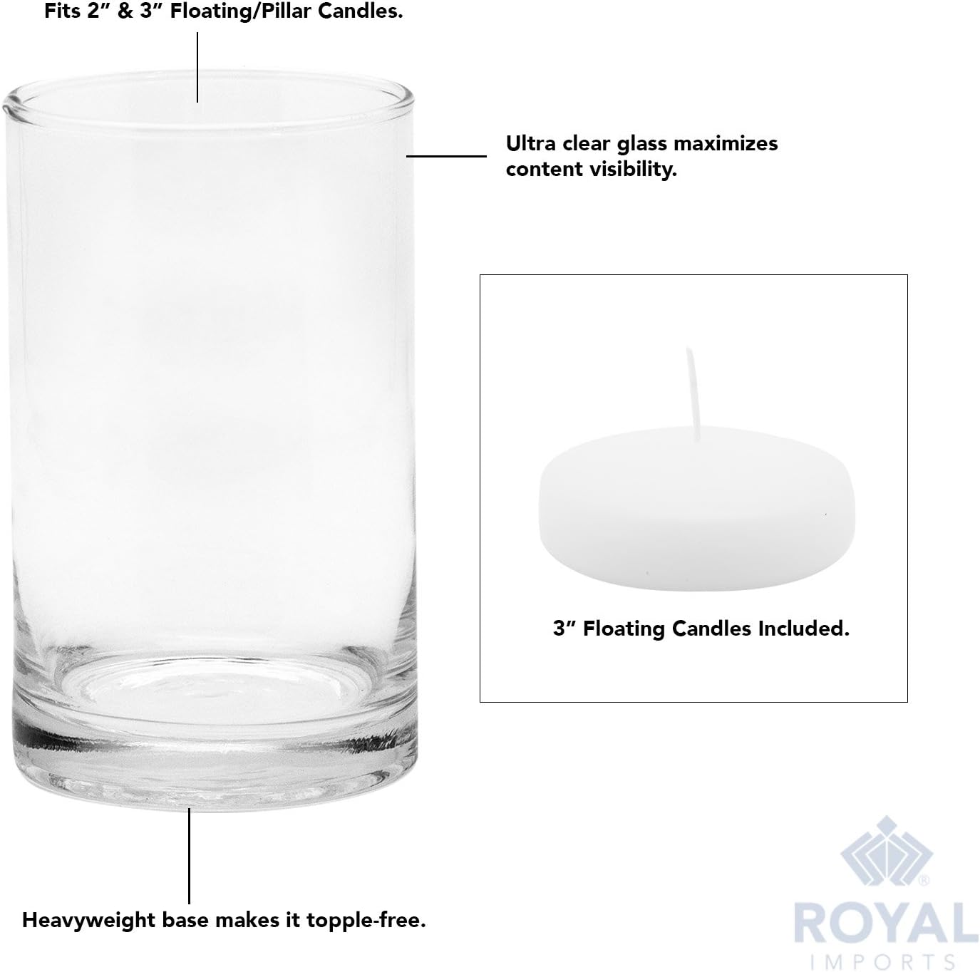 Royal Imports Glass Cylinder Vase Set of 3 - Candle Holder Floating Tealights