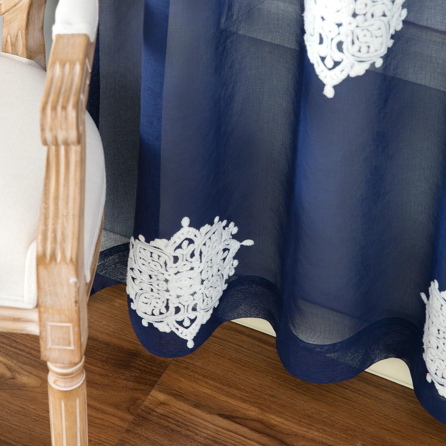 VOGOL White Flower Embroidered Sheer Curtains 2 Panels