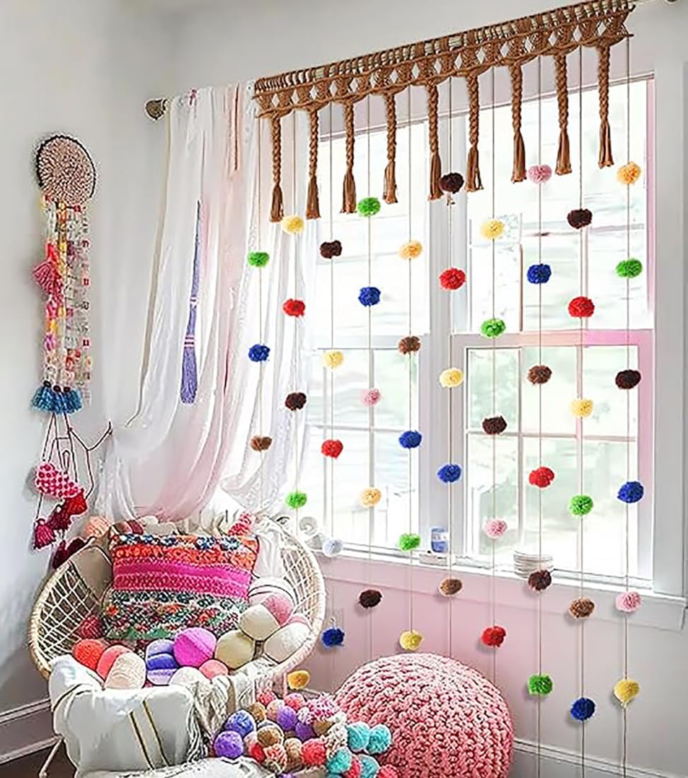 IOWER Pom Pom Macrame Curtain for Kids Room Decor