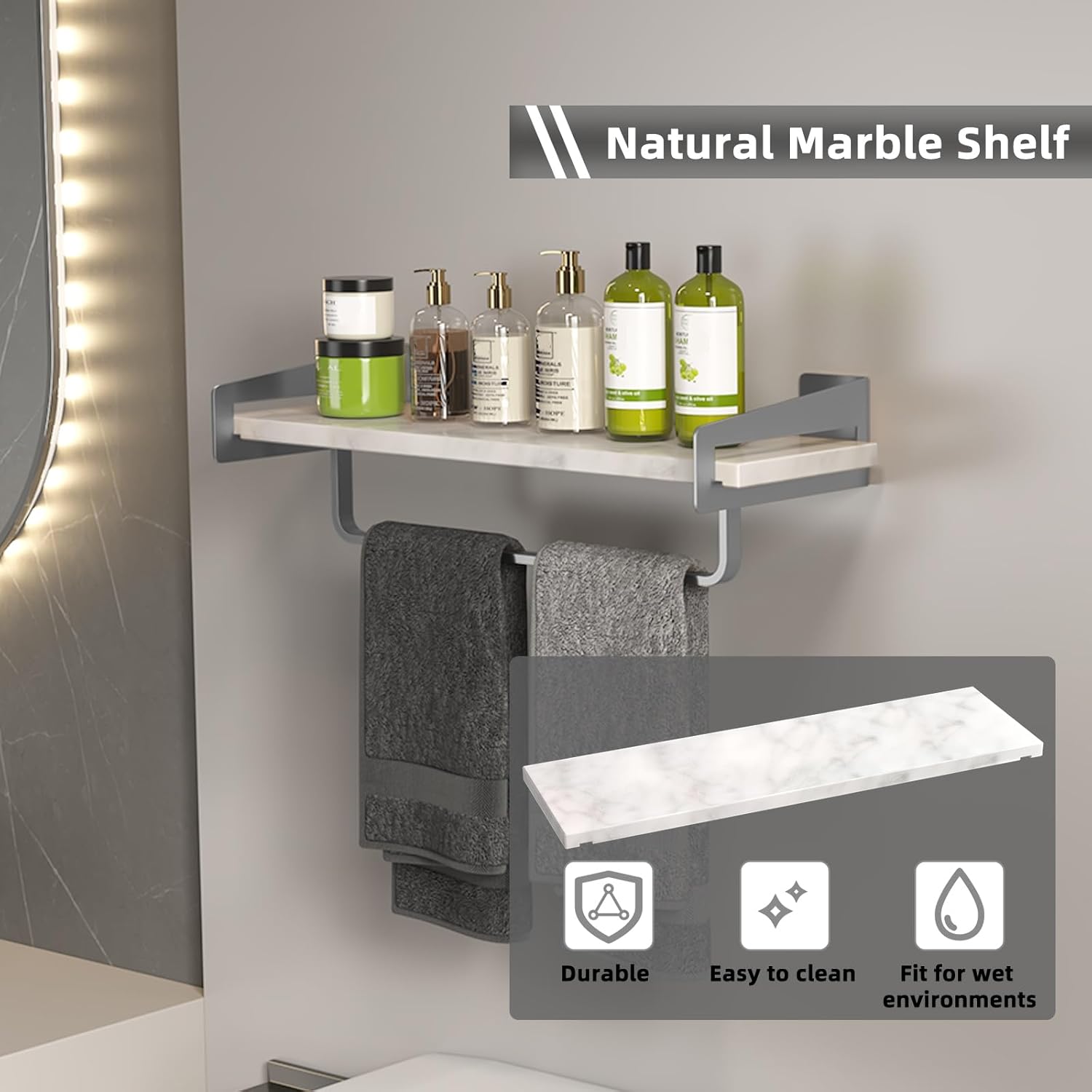 Marble Bathroom Wall Shelf with Towel Bar Silver