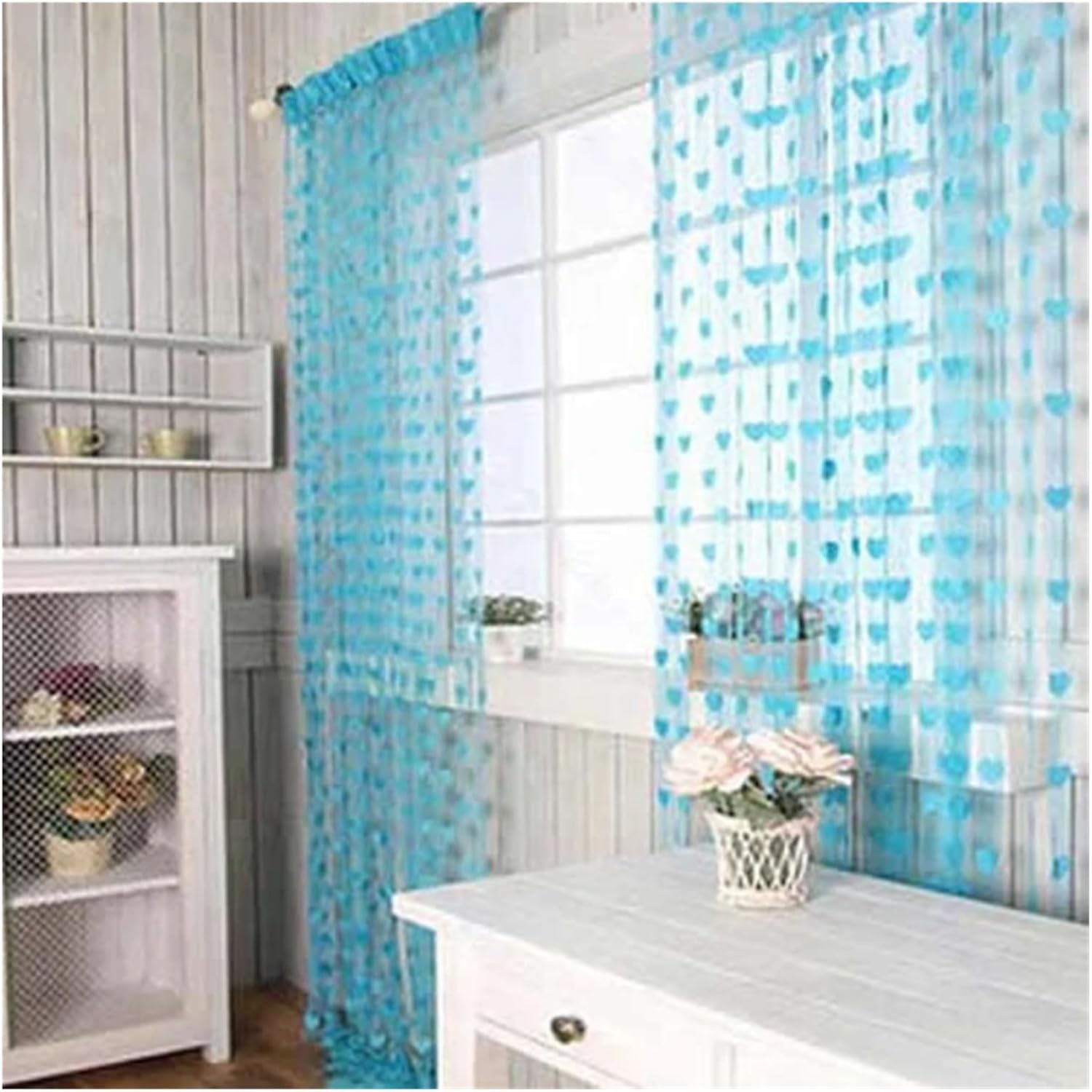 Blue String Curtains with Heart Decor Tassel