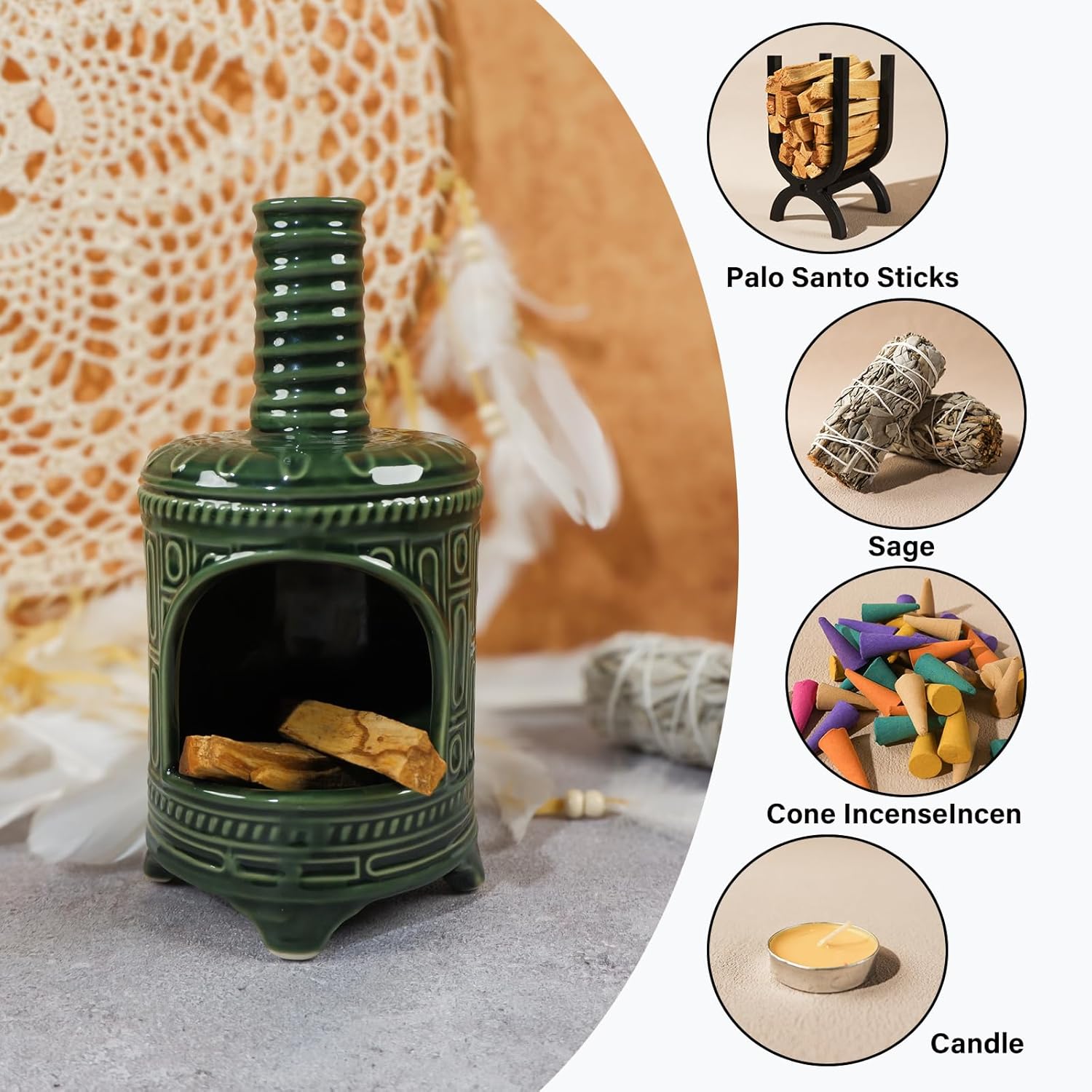 Handmade Ceramic Palo Santo Holder with Mini Chiminea