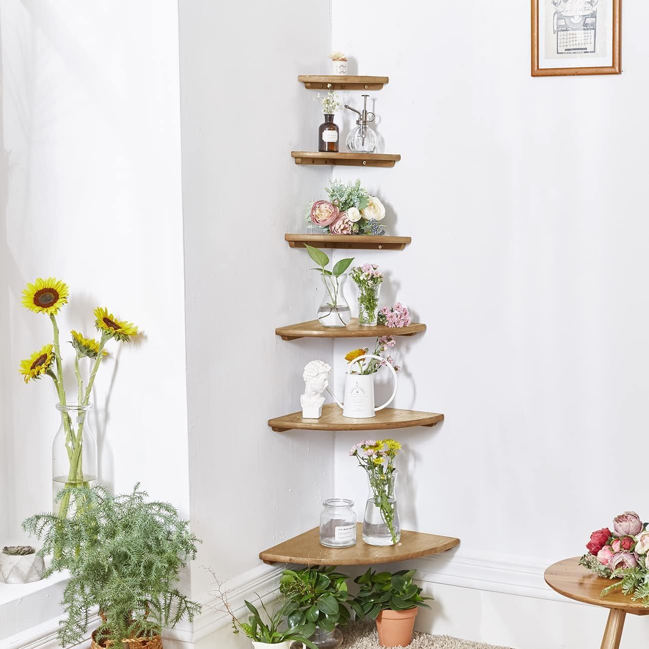 Set of 2 Floating Corner Shelves in Solid Oak Wood