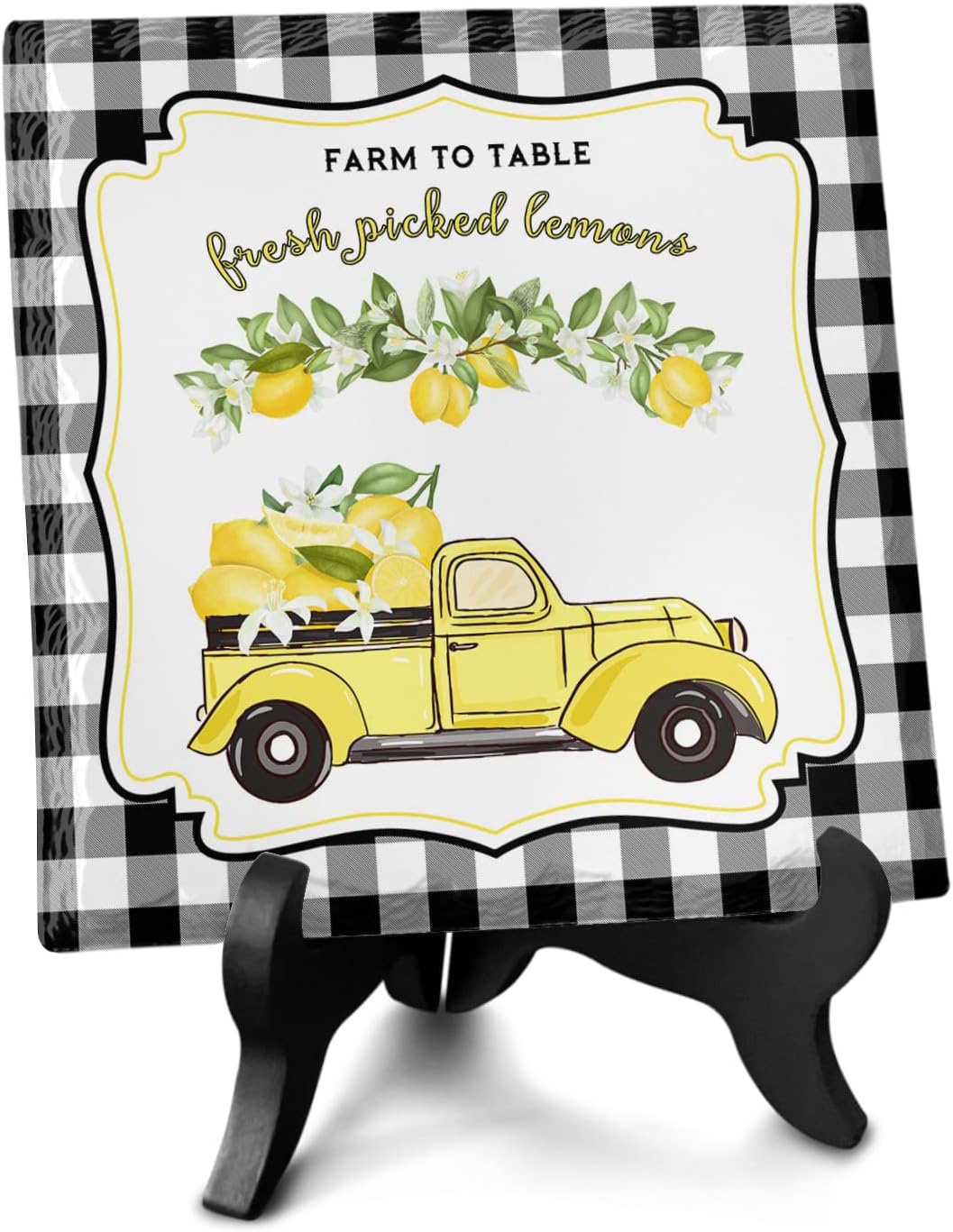 ZOE GARDEN Summer Lemon Black White Buffalo Plaid Farm Check Ceramic Ornament 63x63